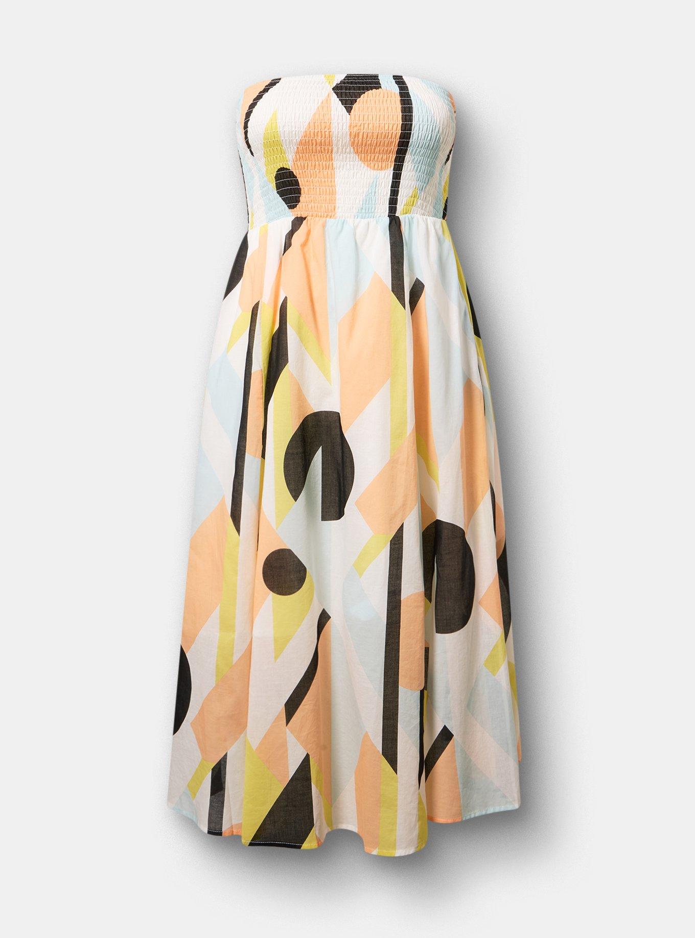 Plus Size Smocked Tube Tea Length Dress, SURF GEO MULTI, flat