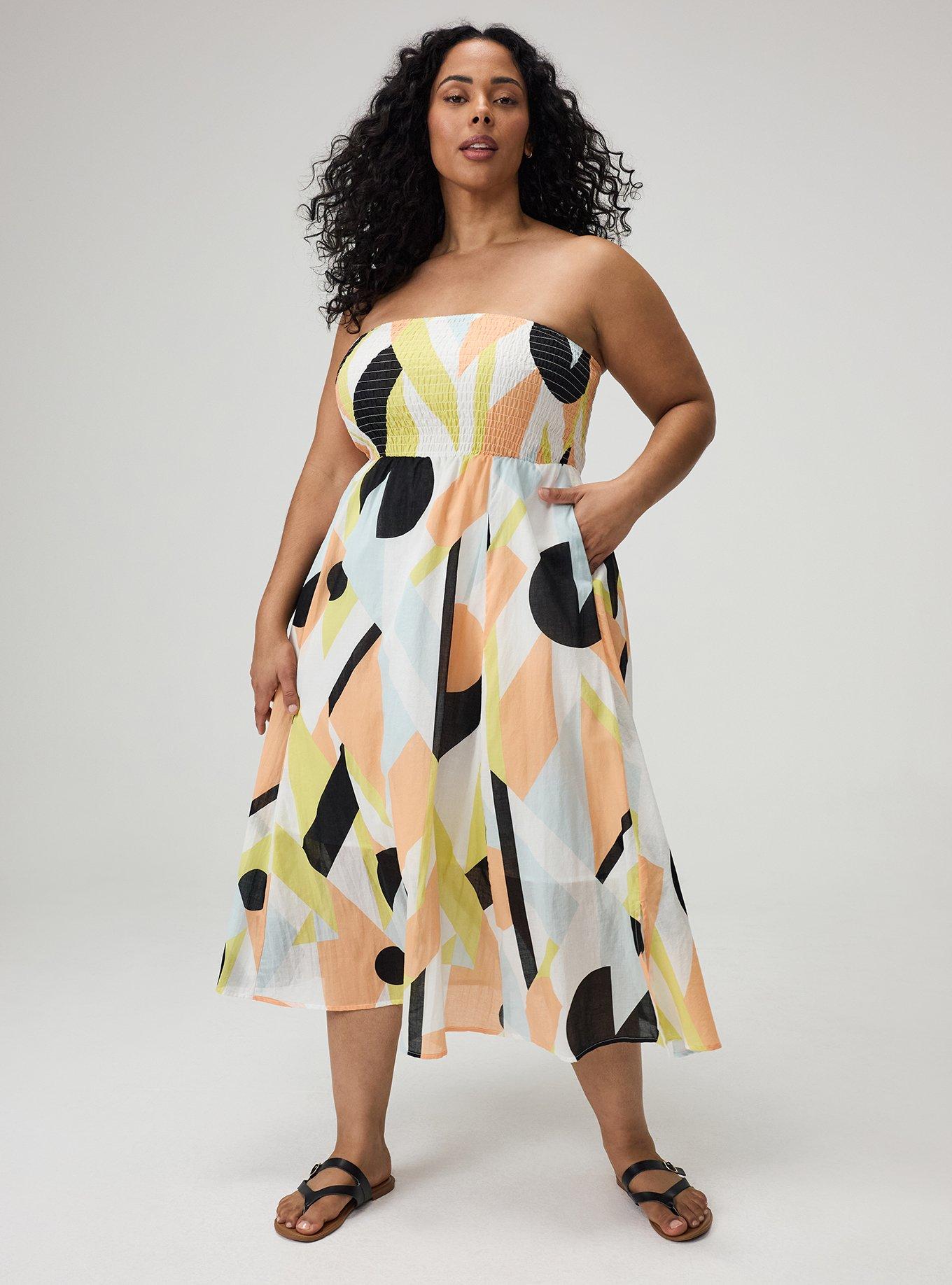 Plus Size Smocked Tube Tea Length Dress, SURF GEO MULTI, hi-res