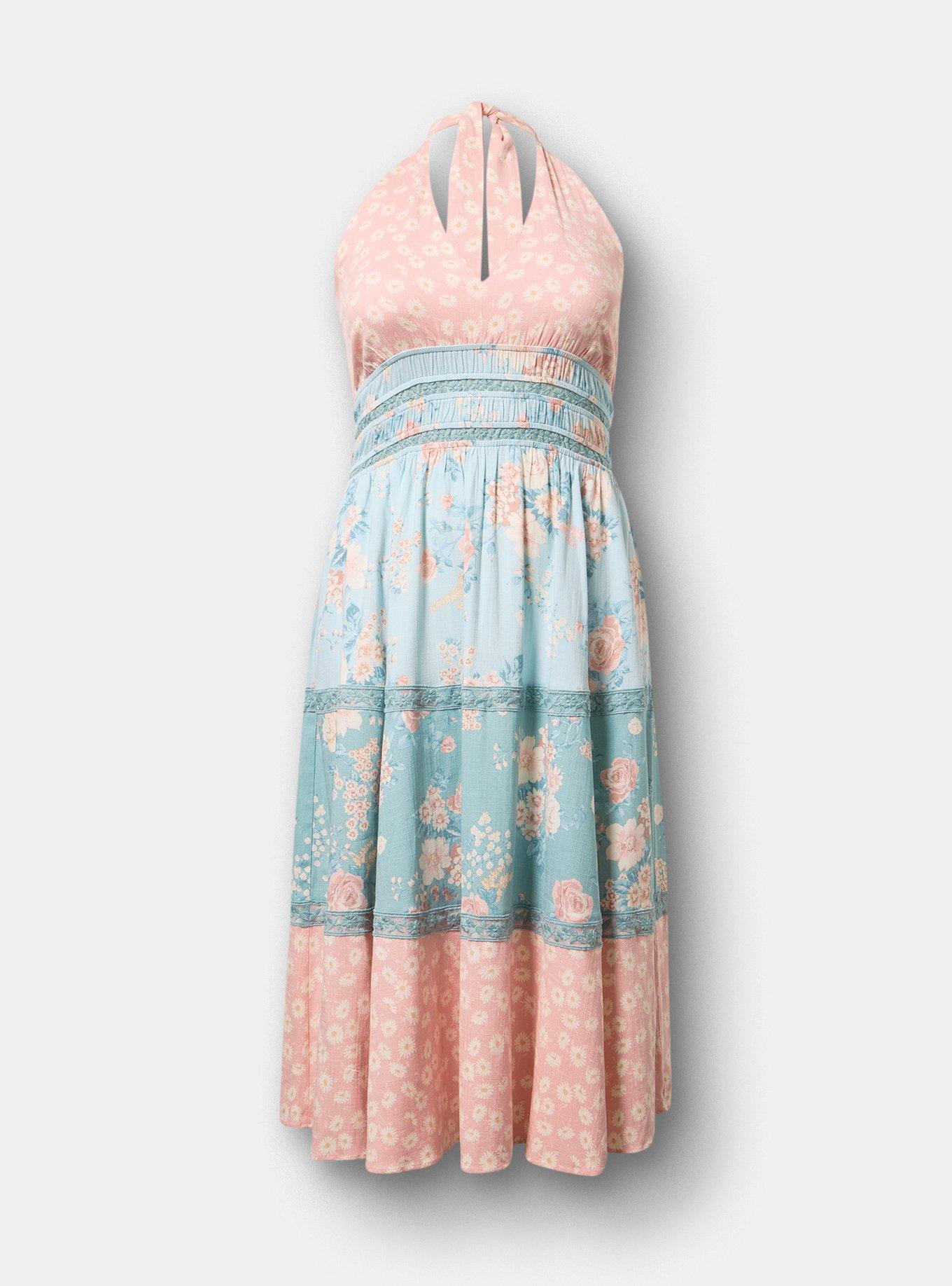 Halter Tea Length Sundress, CUTE DAISY DITSY FLORAL PINK, flat