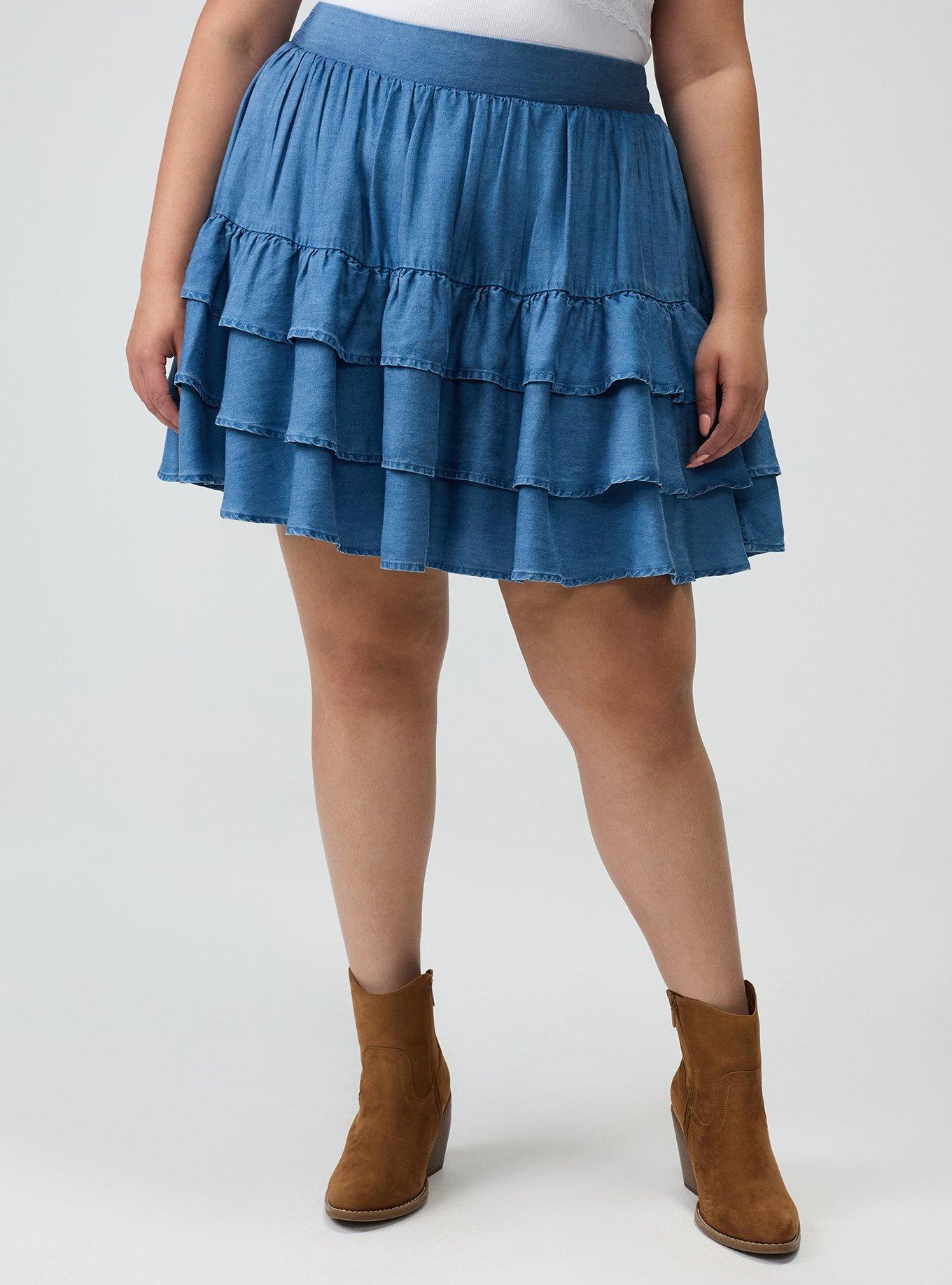 Plus Size Chambray Tiered Mini Skirt, CHAMBRAY, alternate