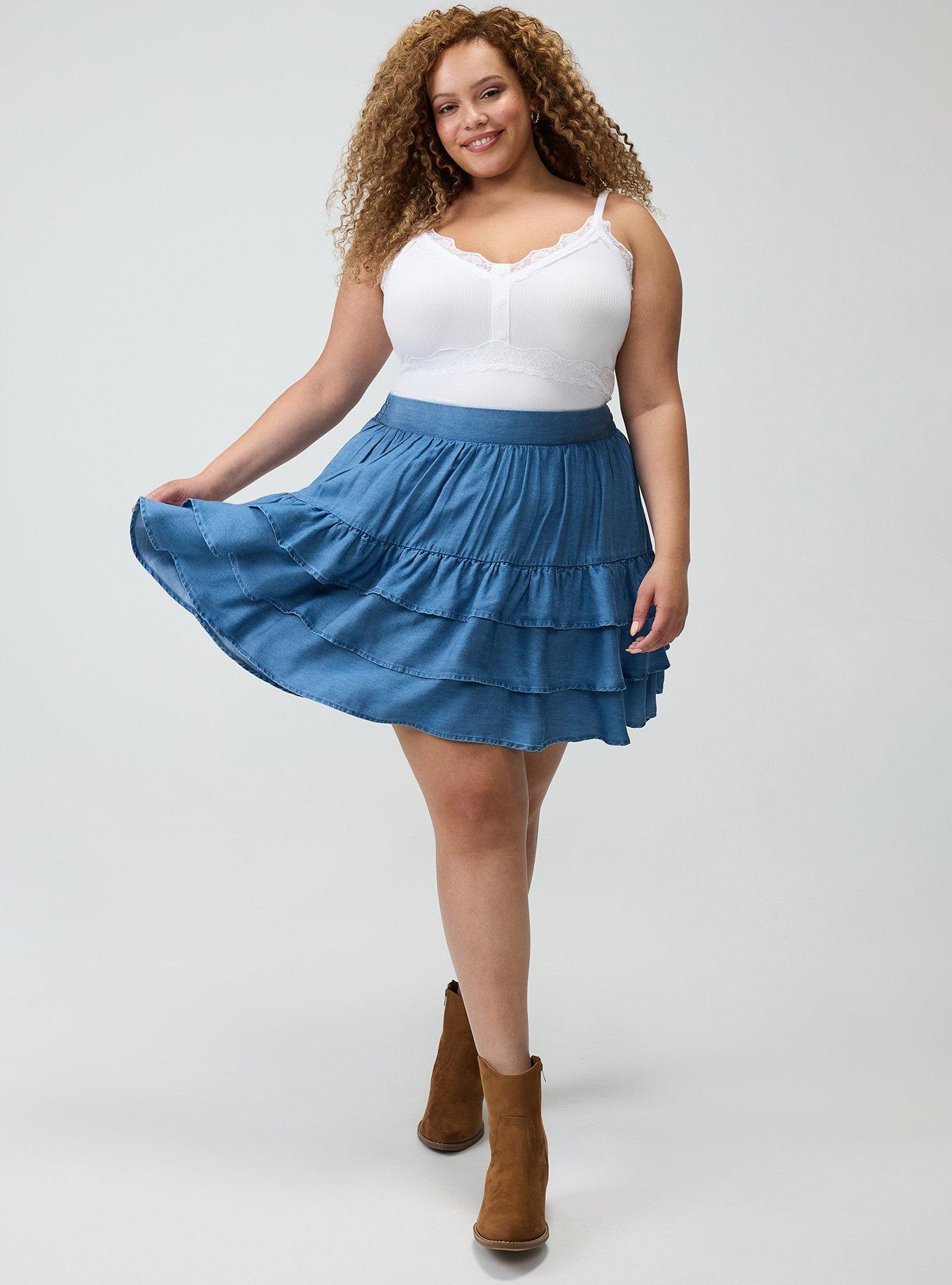 Plus Size Chambray Tiered Mini Skirt, CHAMBRAY, hi-res