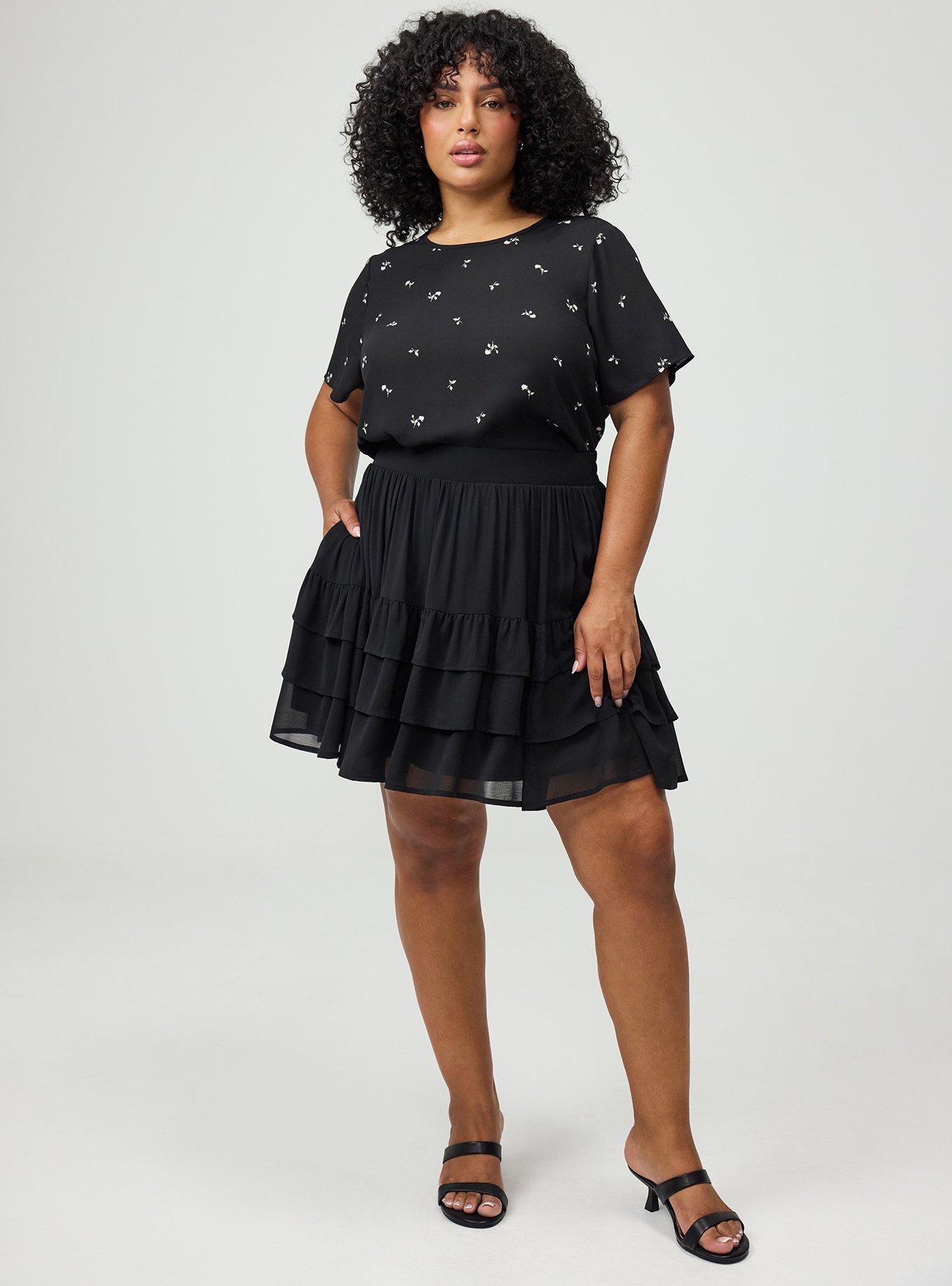 Plus Size Tiered Mini Skirt, DEEP BLACK, hi-res
