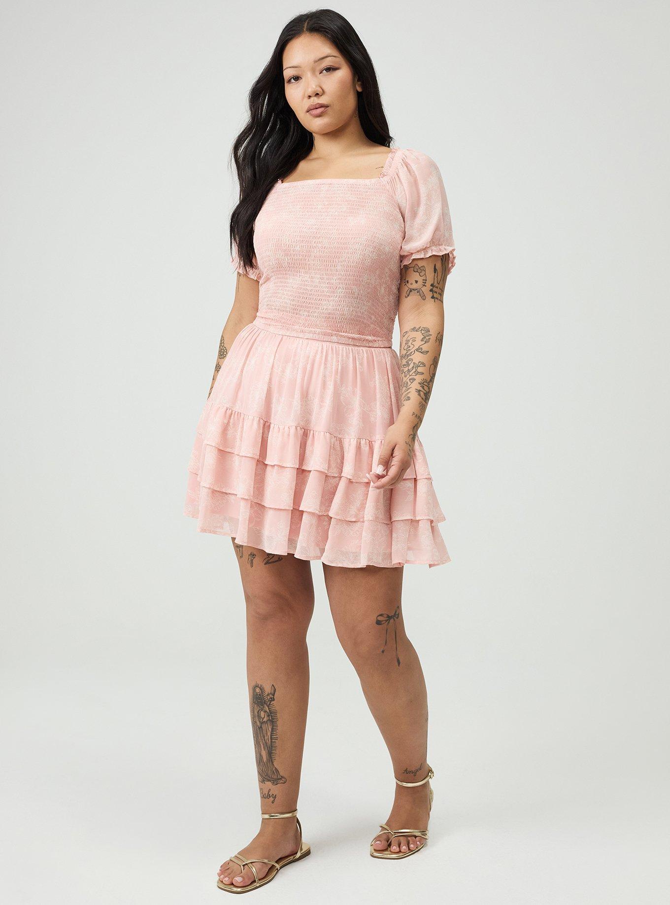 Plus Size Tiered Mini Skirt, GLITTERING FLORAL BLUSH, hi-res