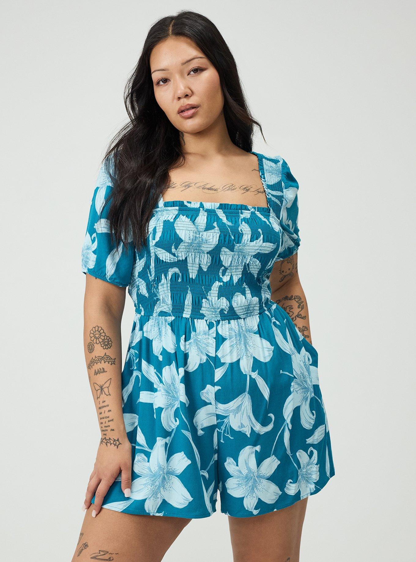Smocked Bodice Romper, SHADE LILIES TEAL, alternate