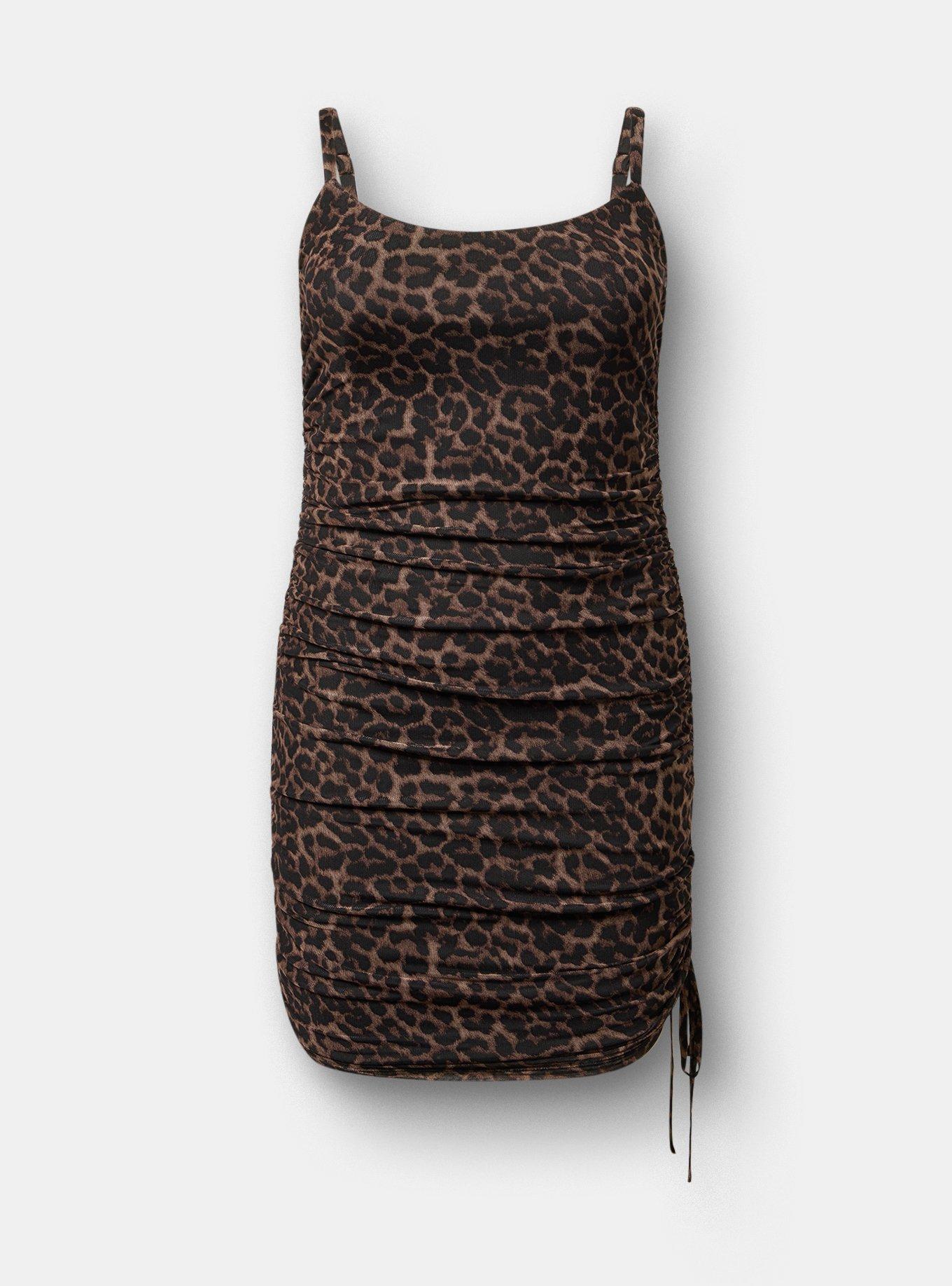 Ruched Bodycon Mesh Mini Dress, ON THE PROWL LEOPARD BROWN, flat
