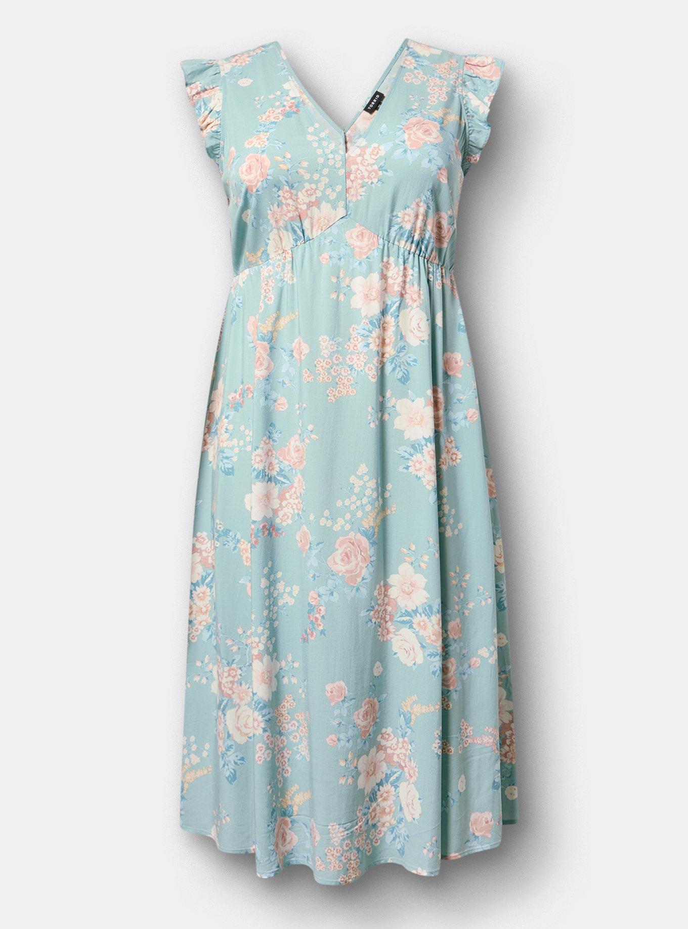 V-Neck Ruffle Sleeve Midi Dress, WILD BOUQUET MINT, flat