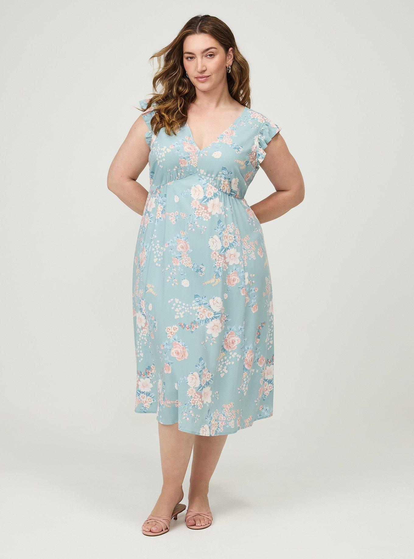 V-Neck Ruffle Sleeve Midi Dress, WILD BOUQUET MINT, hi-res