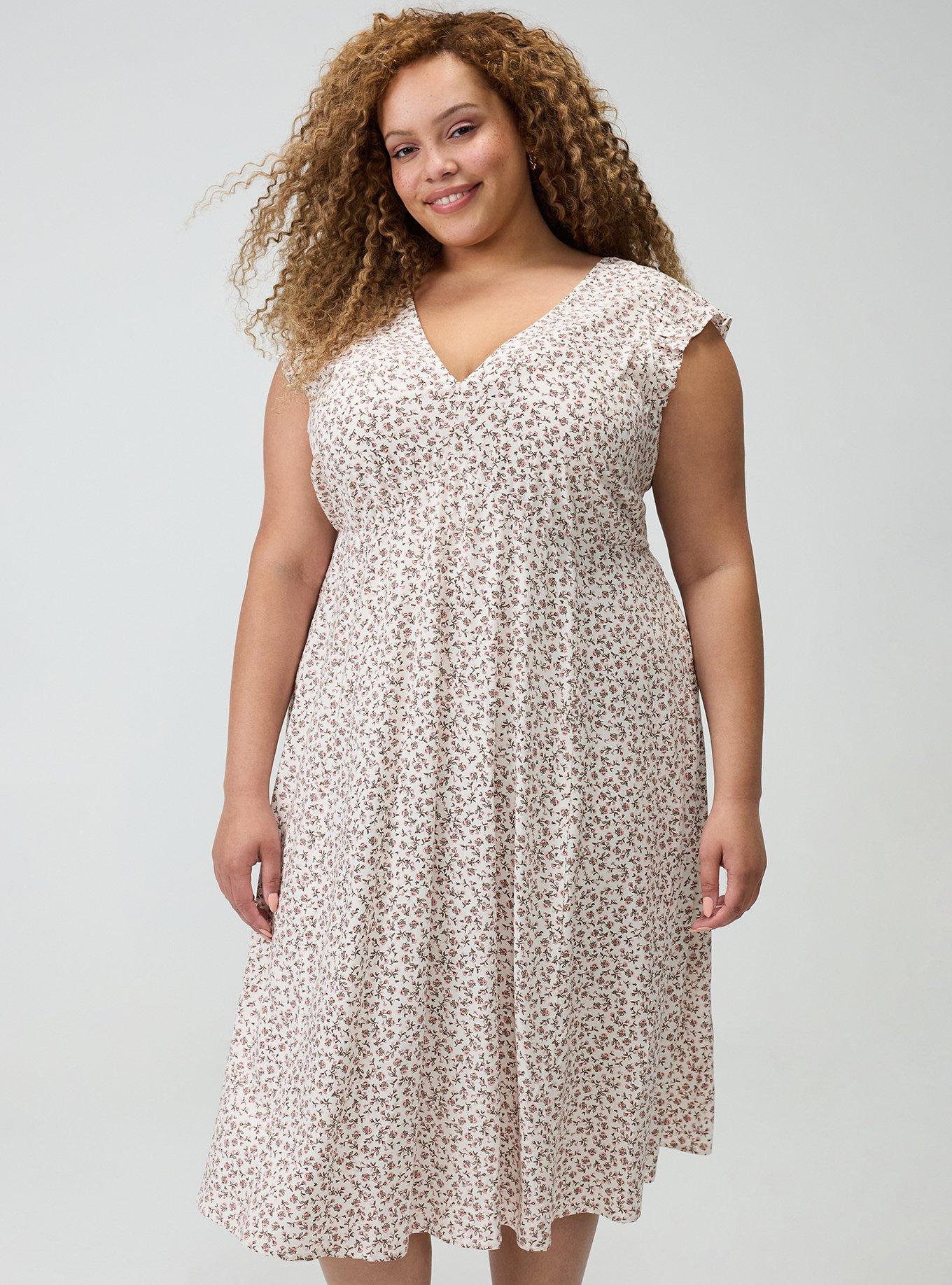 V-Neck Ruffle Sleeve Midi Dress, ROWEN JACO DITSY PINK, hi-res