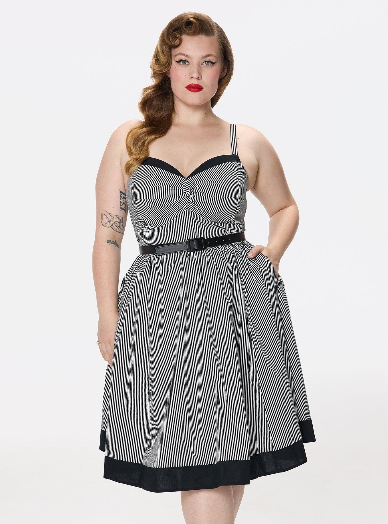 Retro Chic Belted Twist Front Swing Dress, MINI STRIPE WHITE, alternate