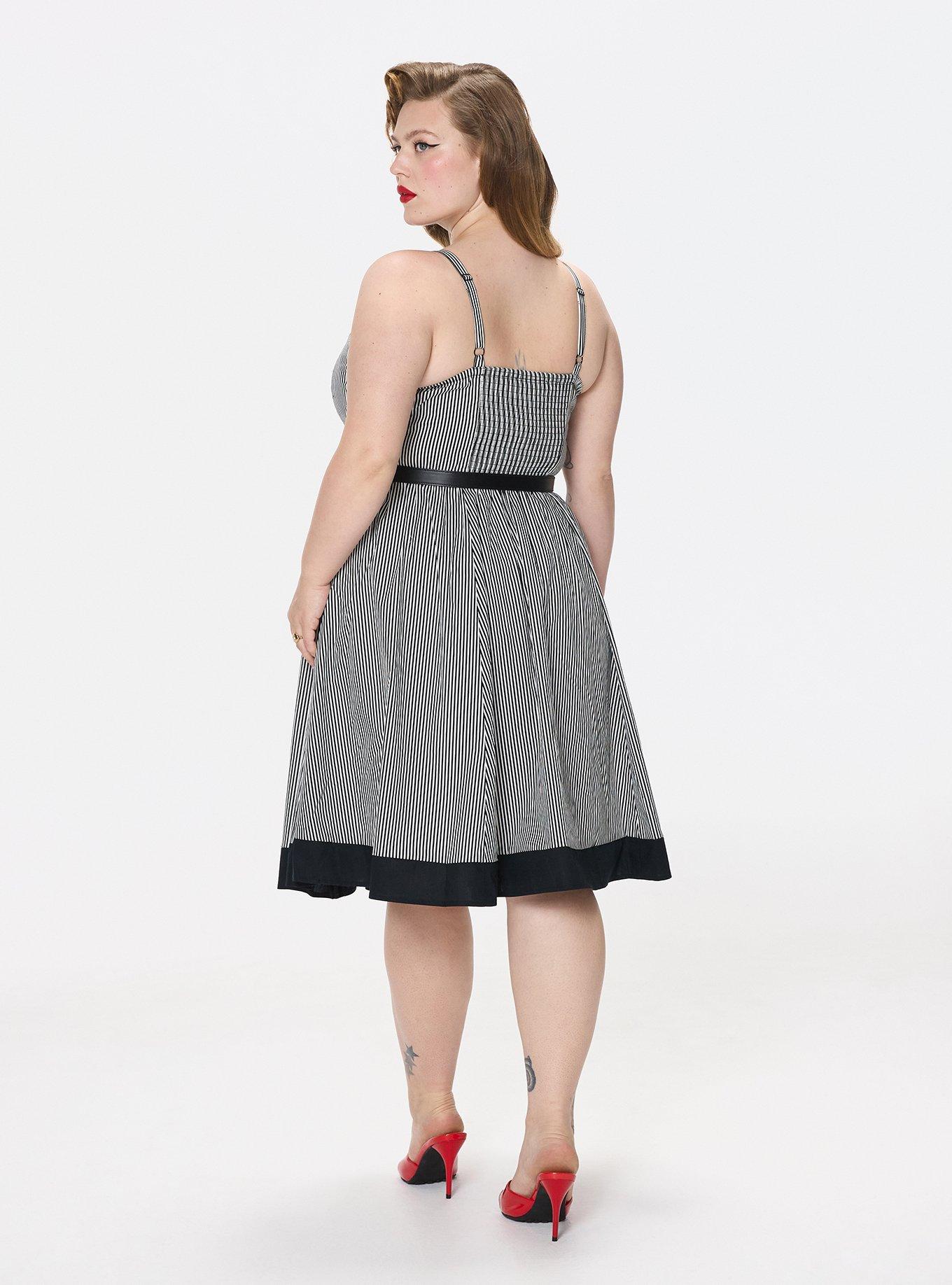 Retro Chic Belted Twist Front Swing Dress, MINI STRIPE WHITE, alternate