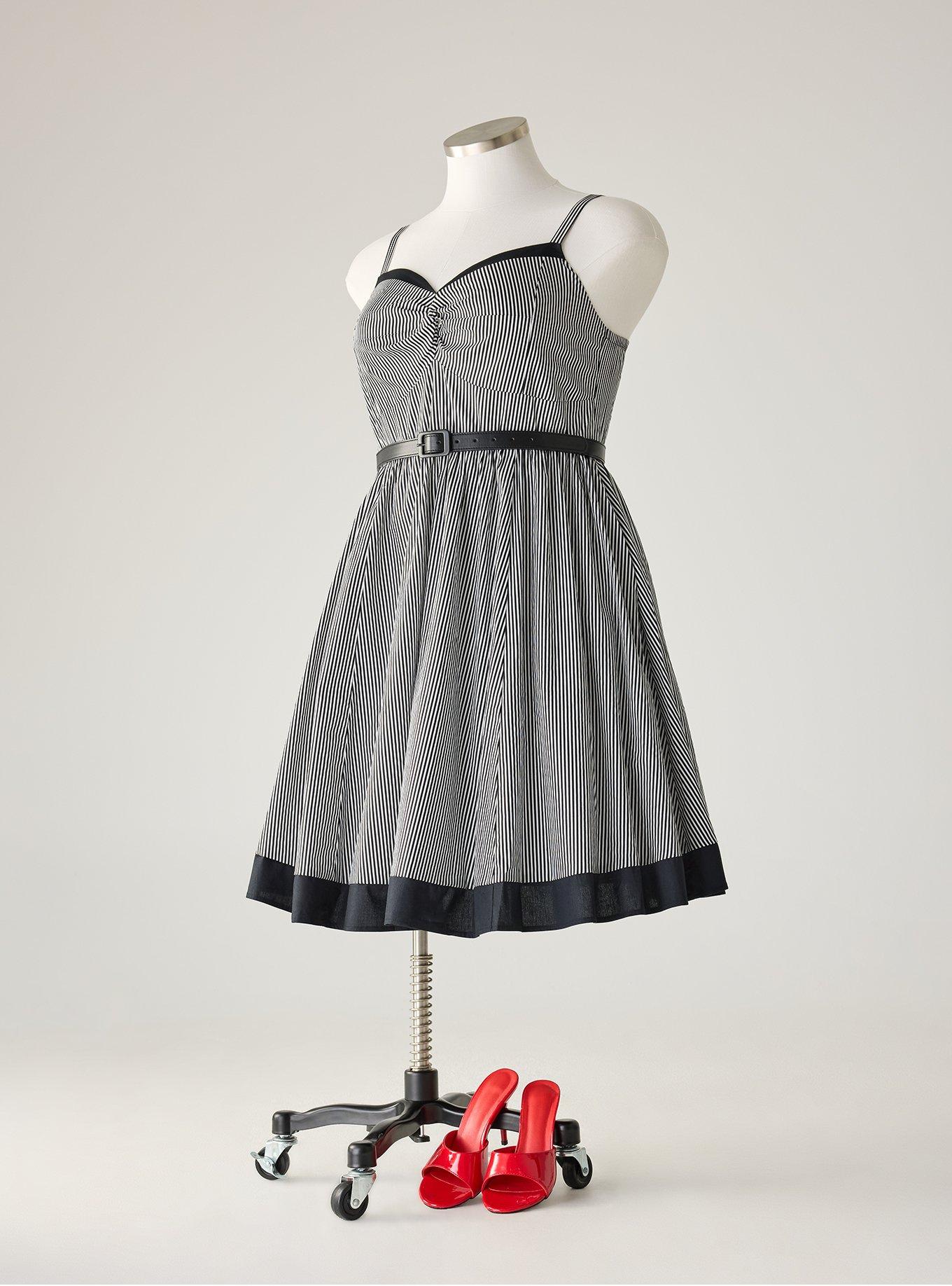 Retro Chic Belted Twist Front Swing Dress, MINI STRIPE WHITE, flat