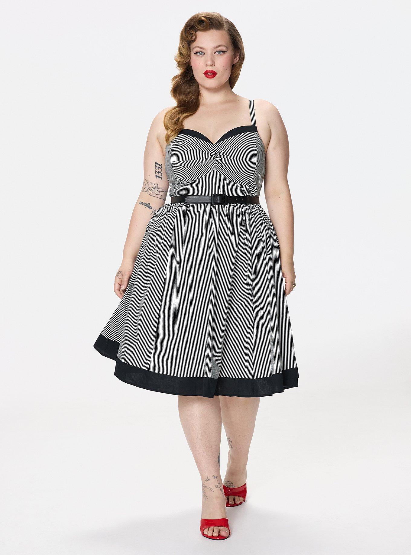 Retro Chic Belted Twist Front Swing Dress, MINI STRIPE WHITE, hi-res