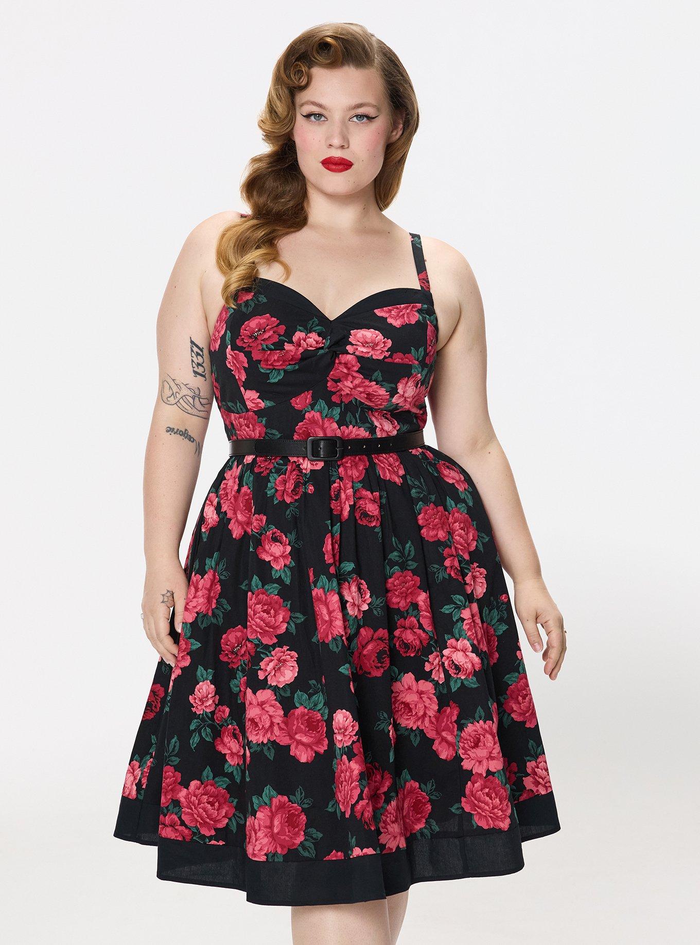 Retro Chic Belted Twist Front Swing Dress, TRADITIONAL ROSES FLORAL BLACK, alternate