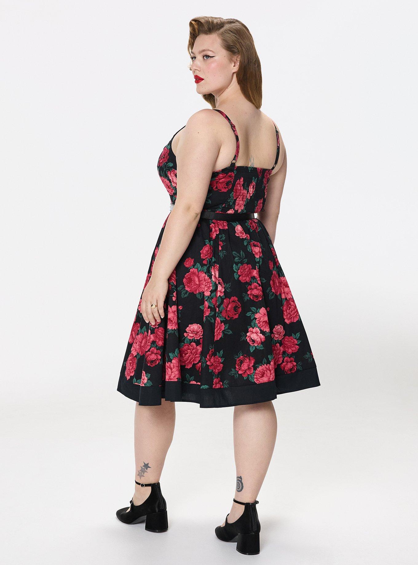 Retro Chic Belted Twist Front Swing Dress, TRADITIONAL ROSES FLORAL BLACK, alternate