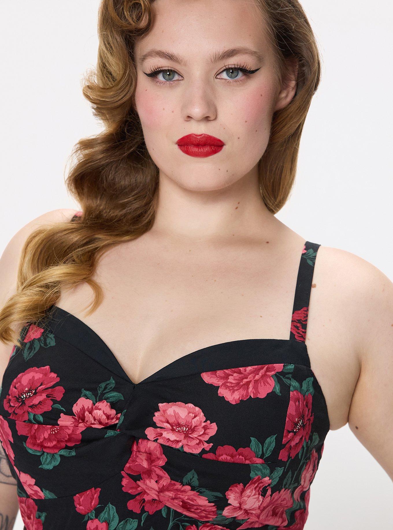 Retro Chic Belted Twist Front Swing Dress, TRADITIONAL ROSES FLORAL BLACK, alternate