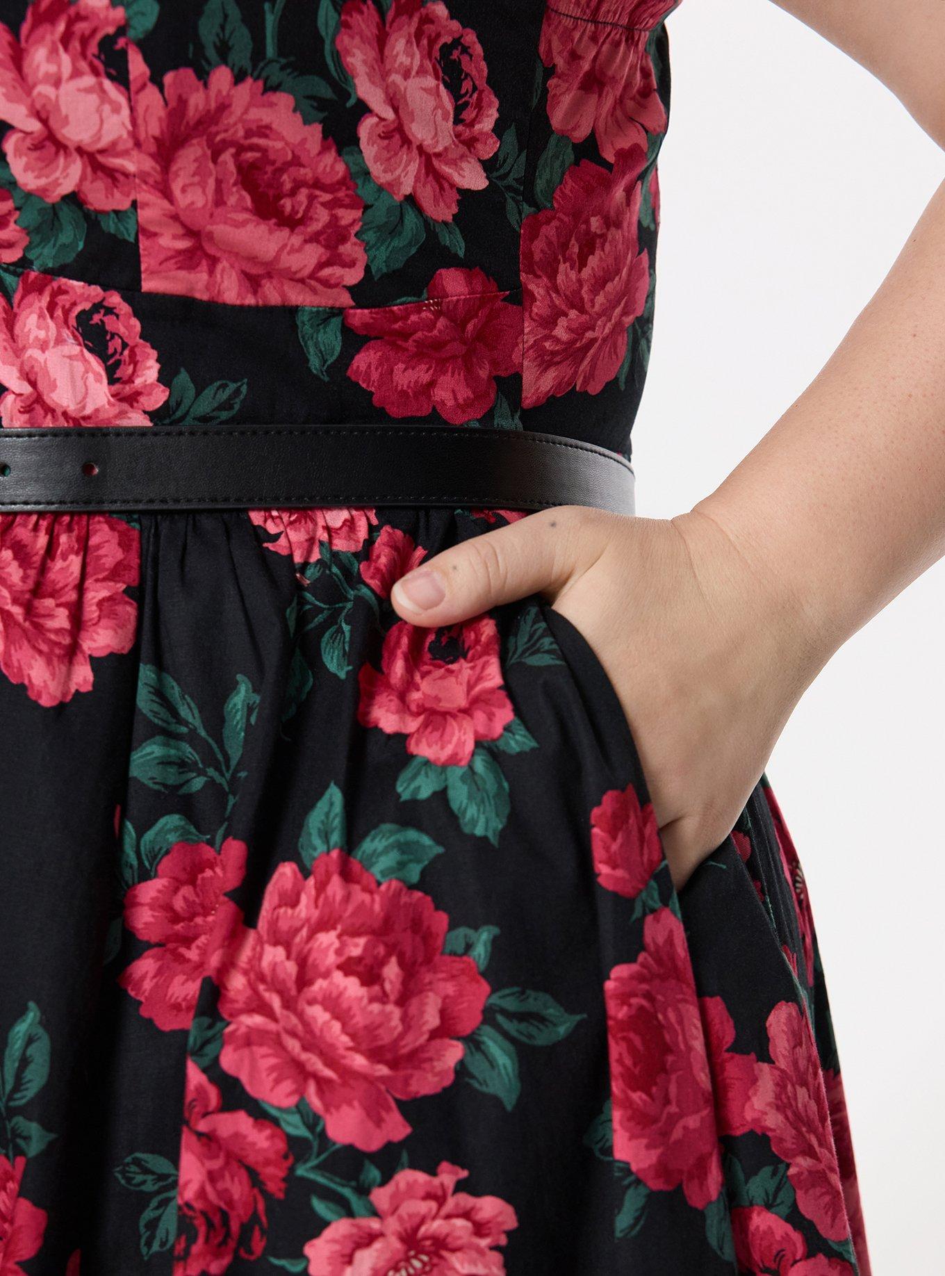 Retro Chic Belted Twist Front Swing Dress, TRADITIONAL ROSES FLORAL BLACK, alternate