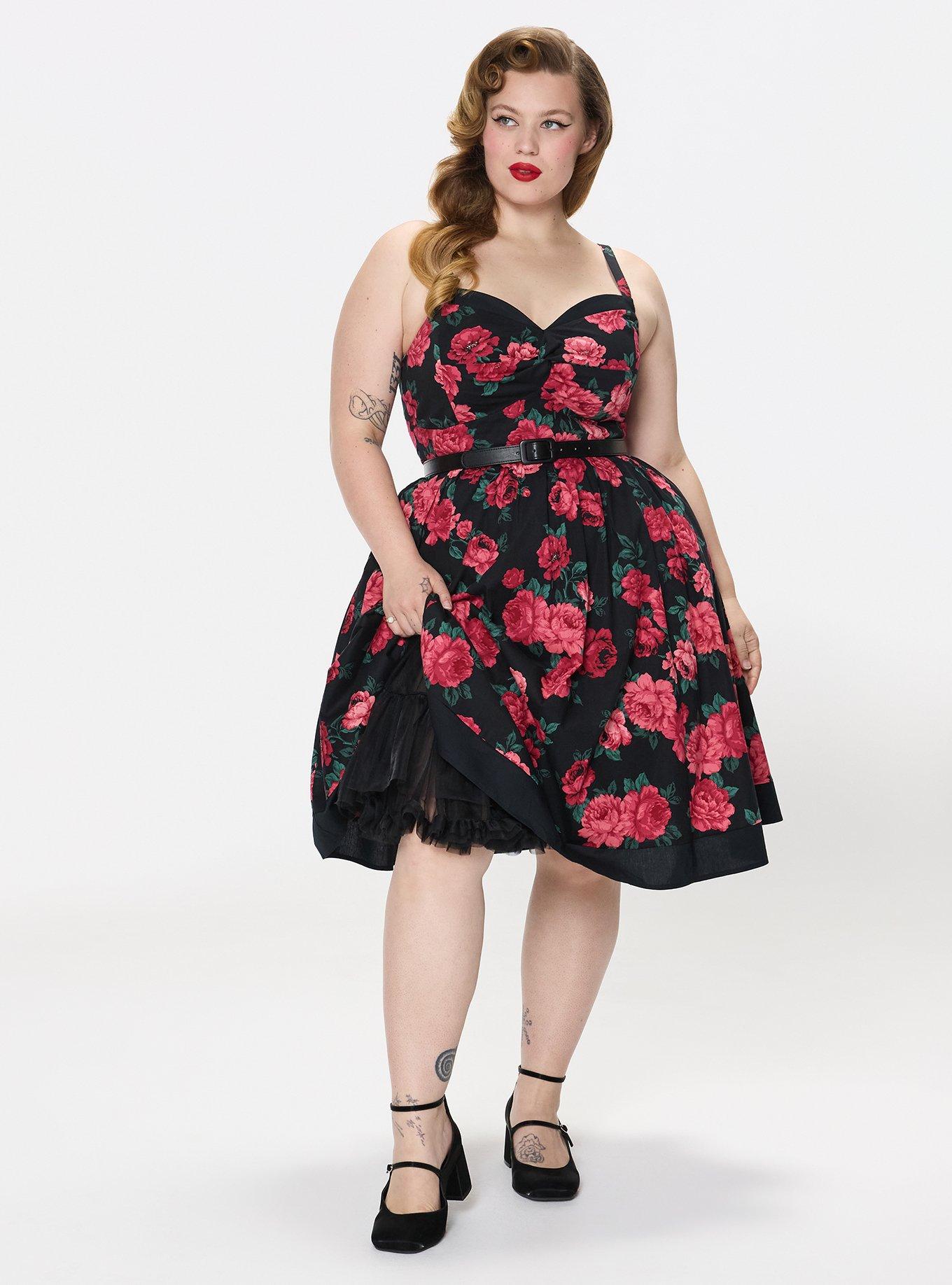 Retro Chic Belted Twist Front Swing Dress, TRADITIONAL ROSES FLORAL BLACK, alternate