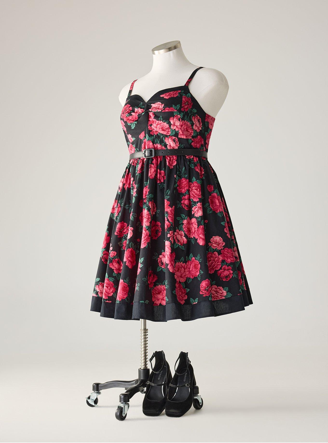 Retro Chic Belted Twist Front Swing Dress, TRADITIONAL ROSES FLORAL BLACK, flat