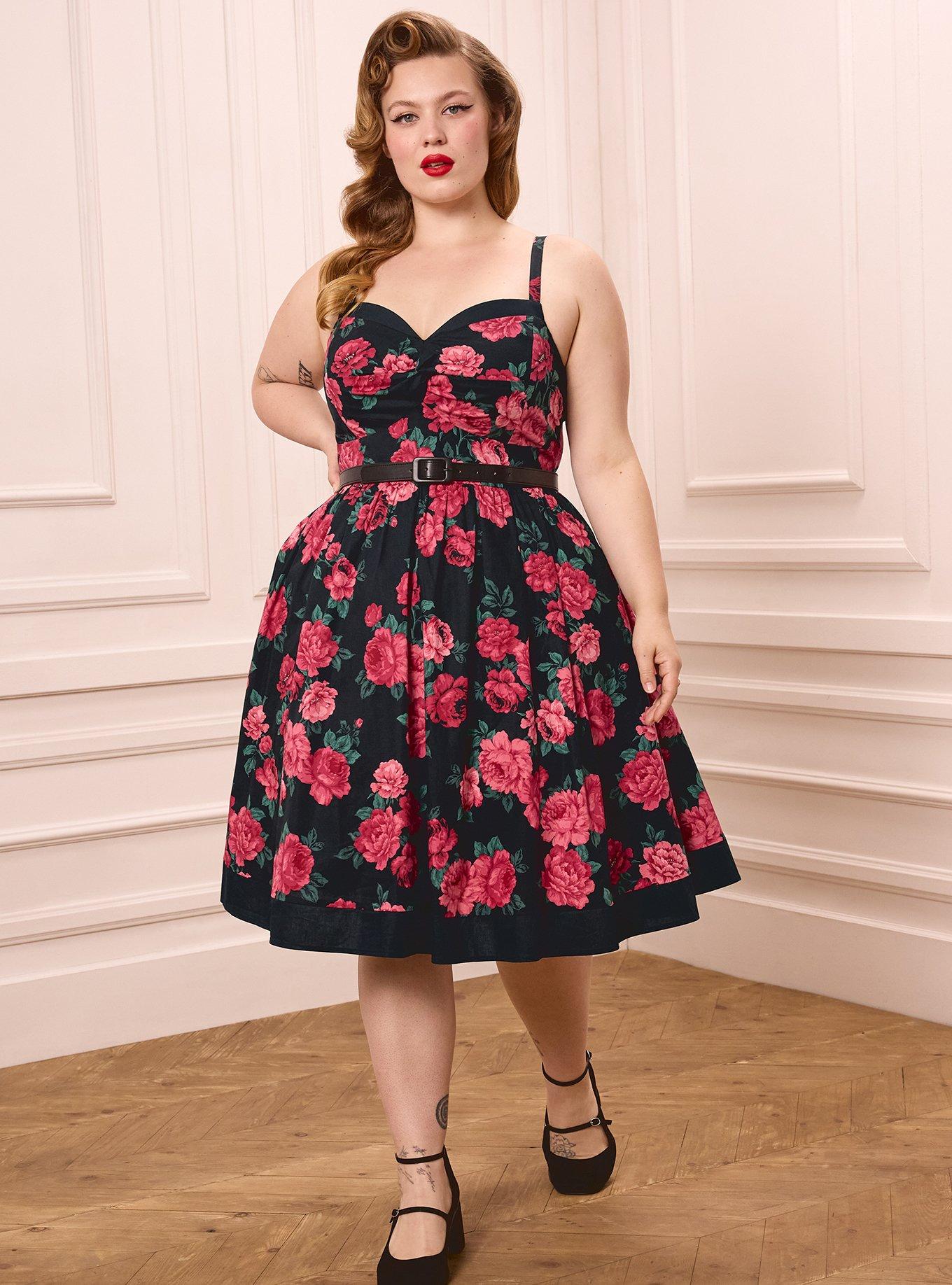 Retro Chic Belted Twist Front Swing Dress, TRADITIONAL ROSES FLORAL BLACK, hi-res