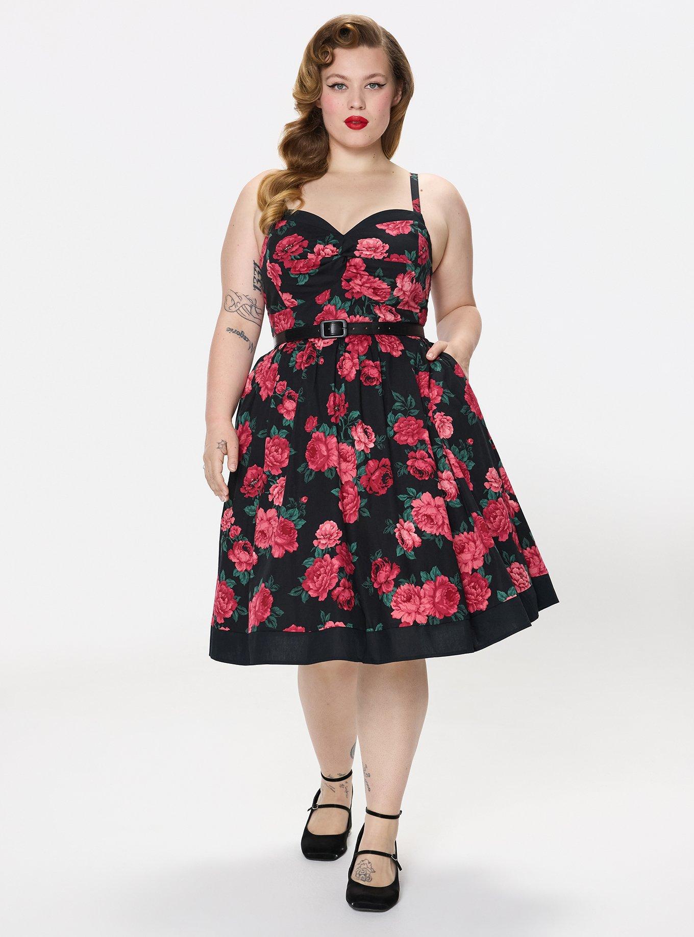 Retro Chic Belted Twist Front Swing Dress, TRADITIONAL ROSES FLORAL BLACK, hi-res