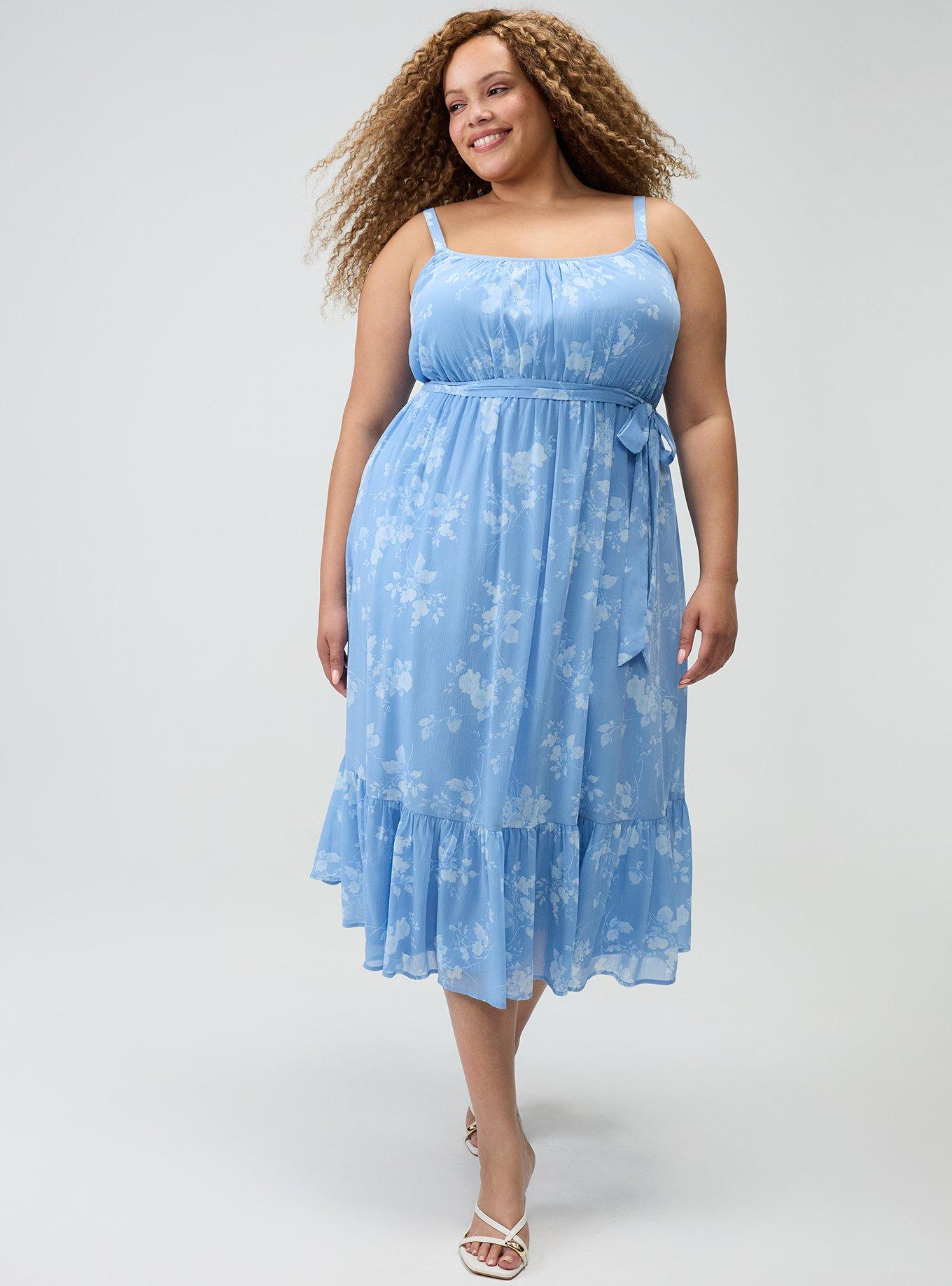Plus Size Chiffon Tea Length Dress, GRACE FLORAL BLUE, hi-res