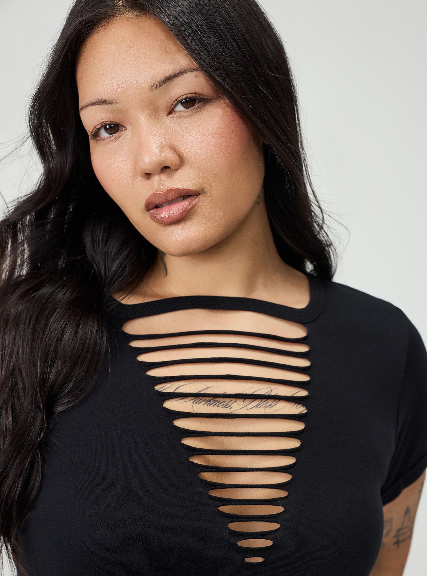 Cotton V-Neck Ladder Slash Tee, DEEP BLACK, alternate