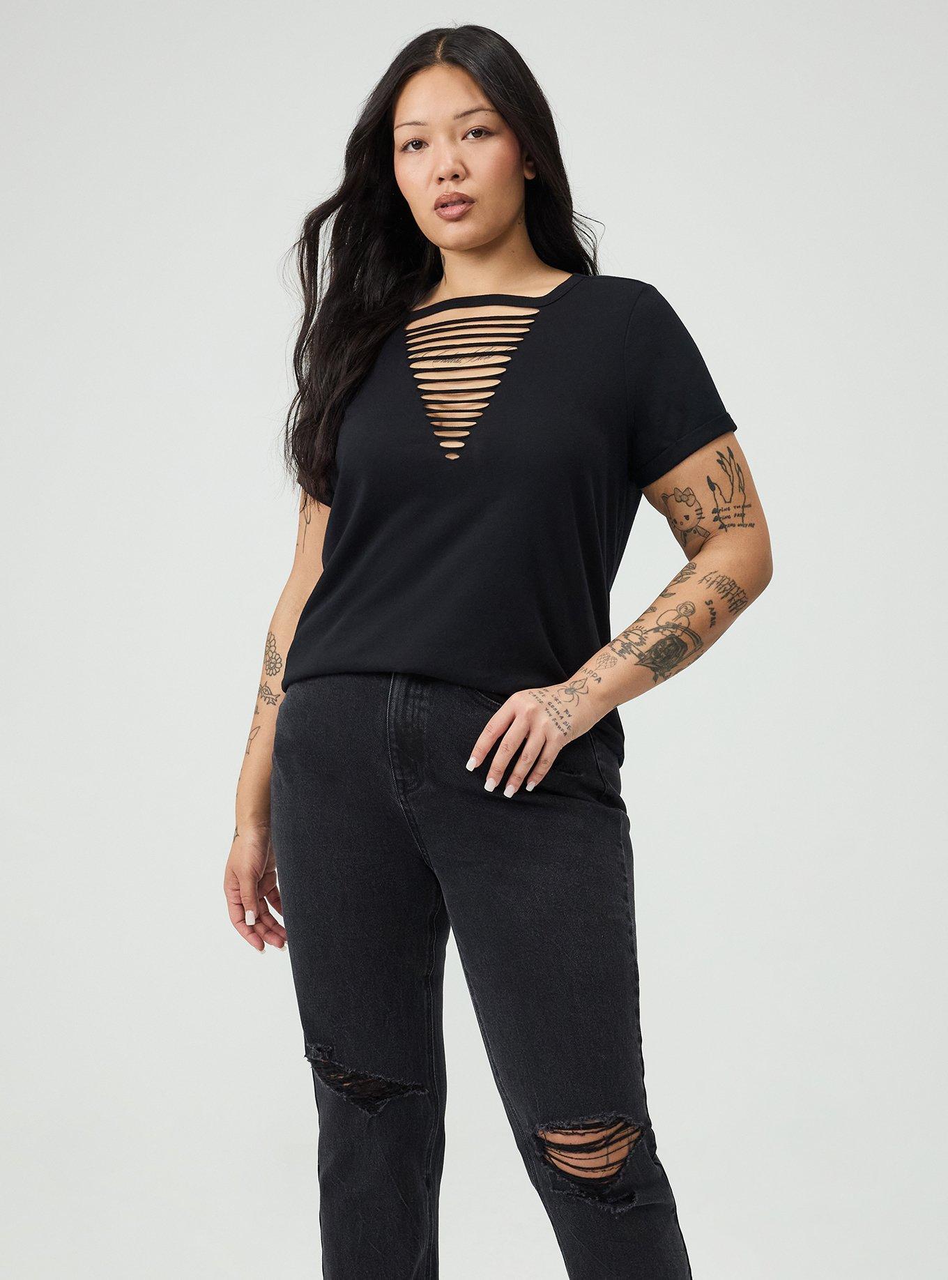 Cotton V-Neck Ladder Slash Tee, DEEP BLACK, alternate