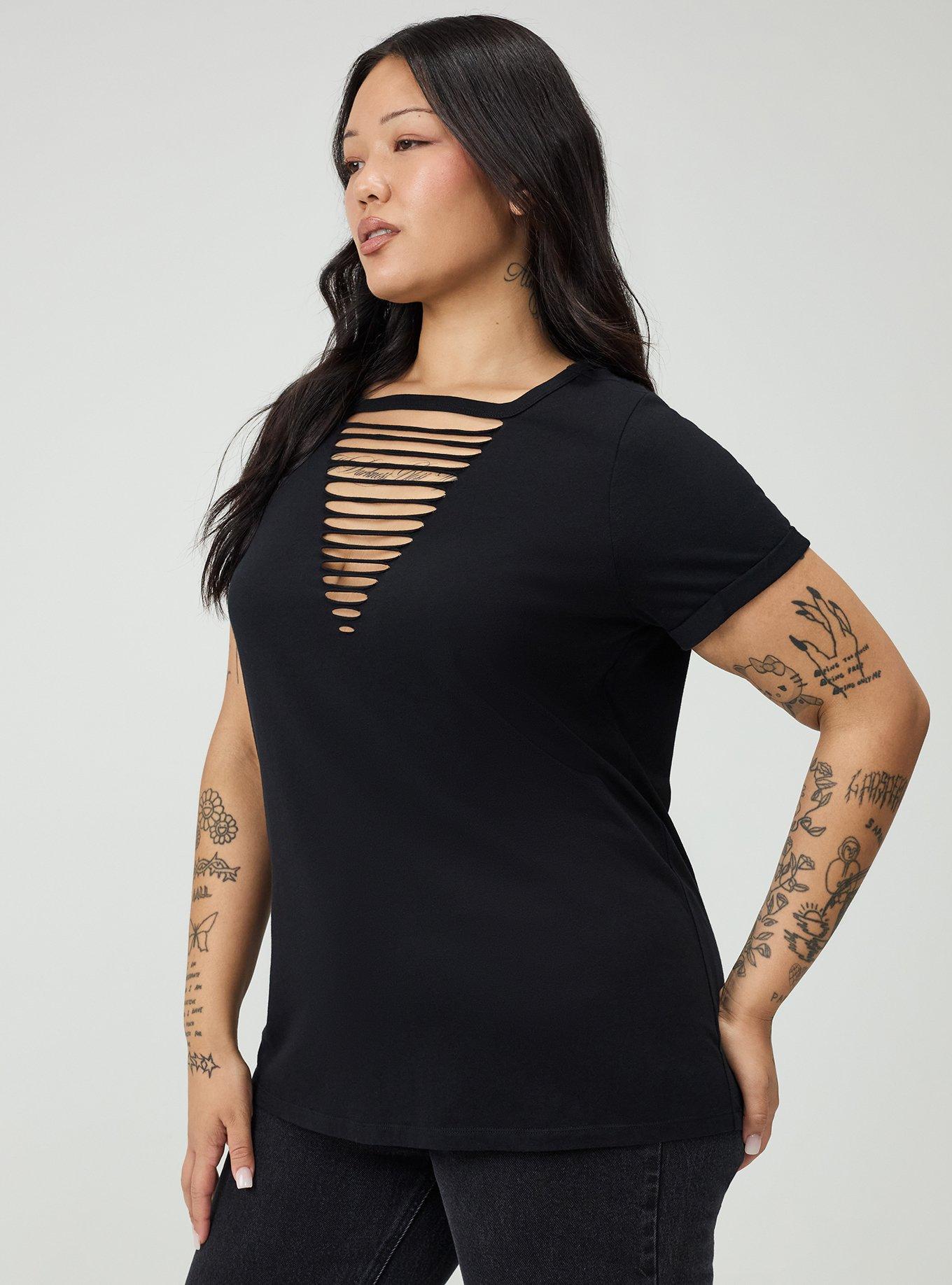 Cotton V-Neck Ladder Slash Tee, DEEP BLACK, alternate