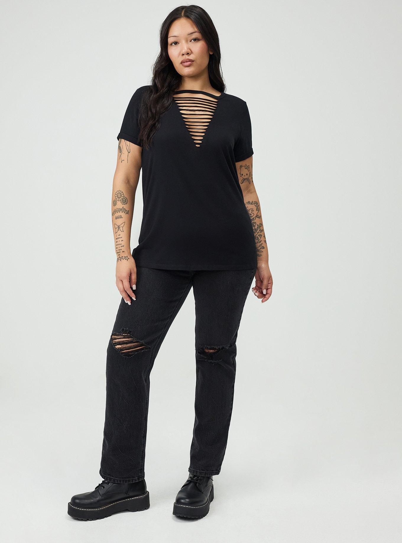Cotton V-Neck Ladder Slash Tee, DEEP BLACK, alternate