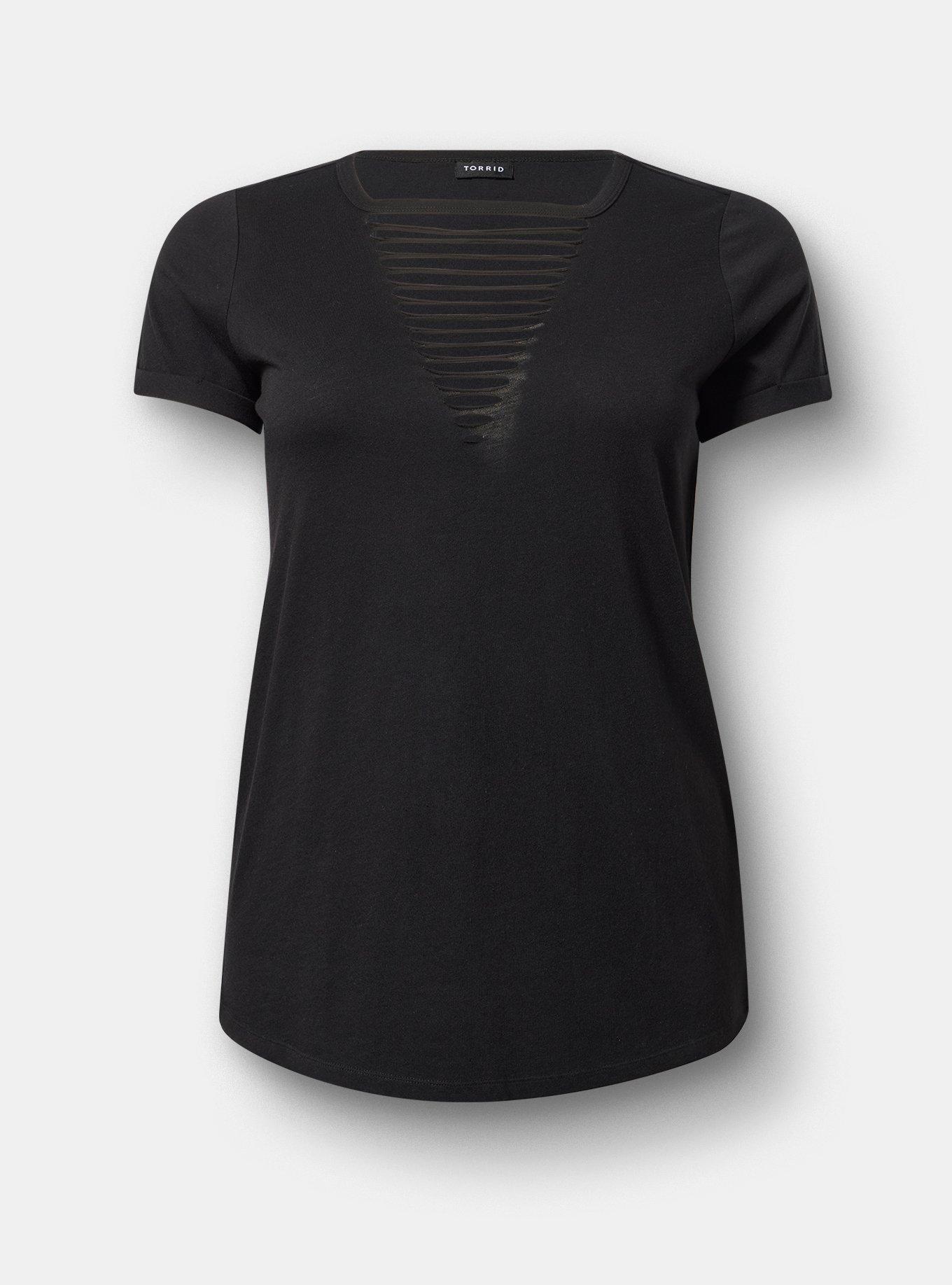 Cotton V-Neck Ladder Slash Tee, DEEP BLACK, flat