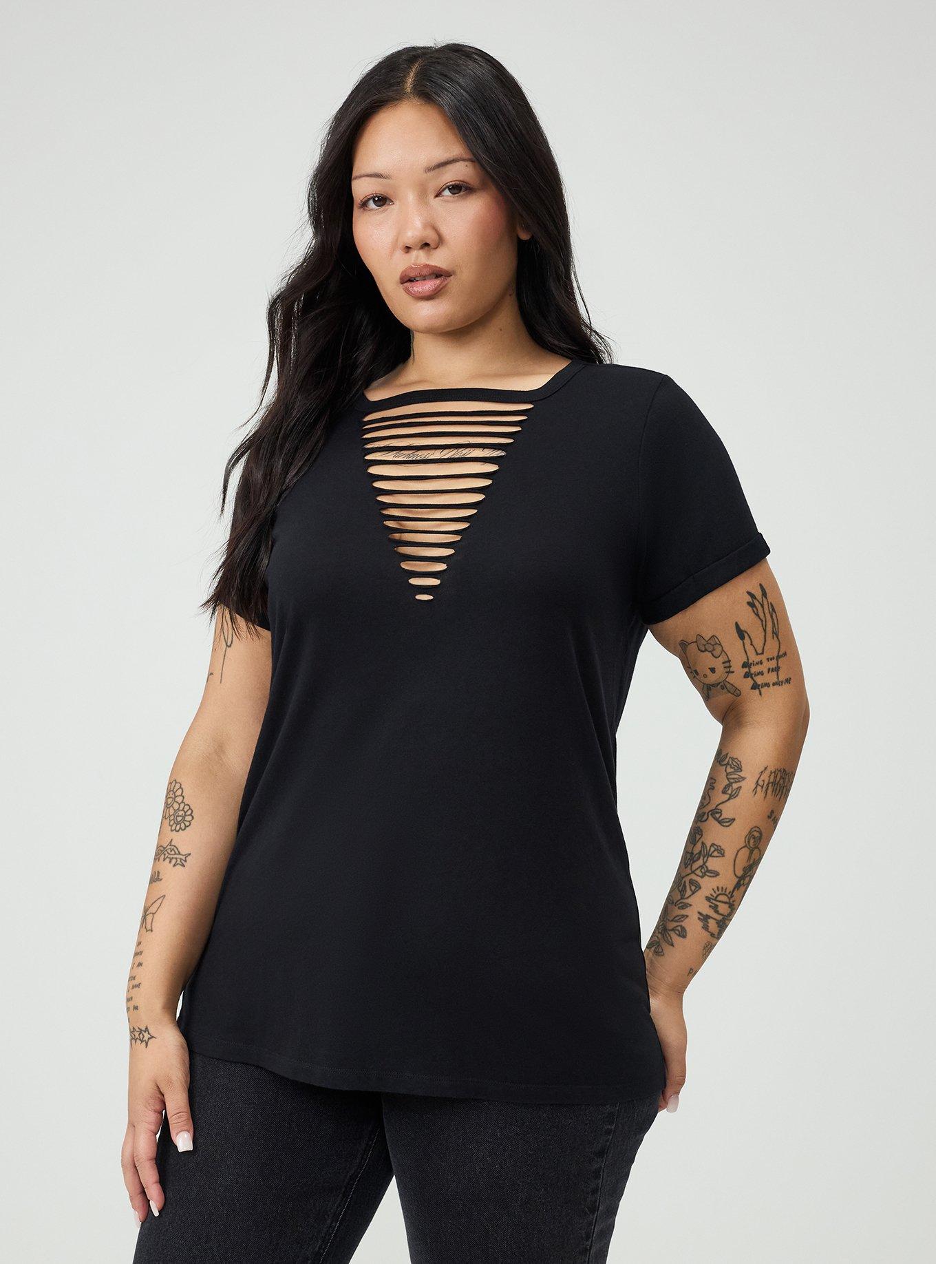 Cotton V-Neck Ladder Slash Tee, DEEP BLACK, hi-res