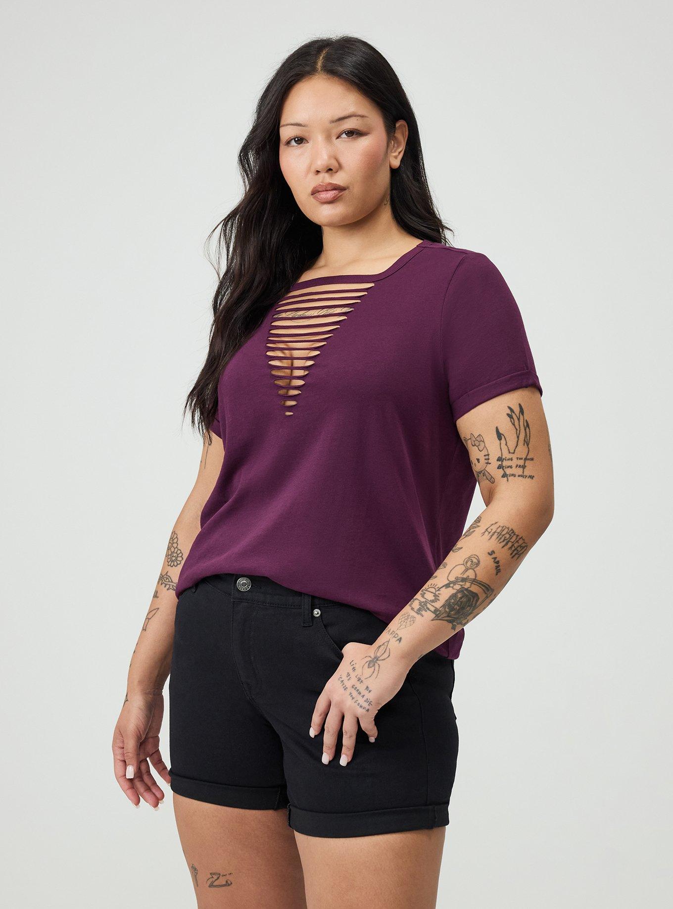 Cotton V-Neck Ladder Slash Tee, WINTER BLOOM, alternate