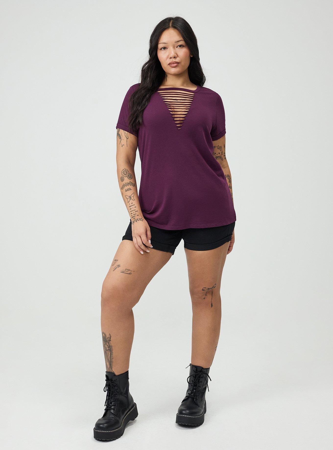 Cotton V-Neck Ladder Slash Tee, WINTER BLOOM, alternate