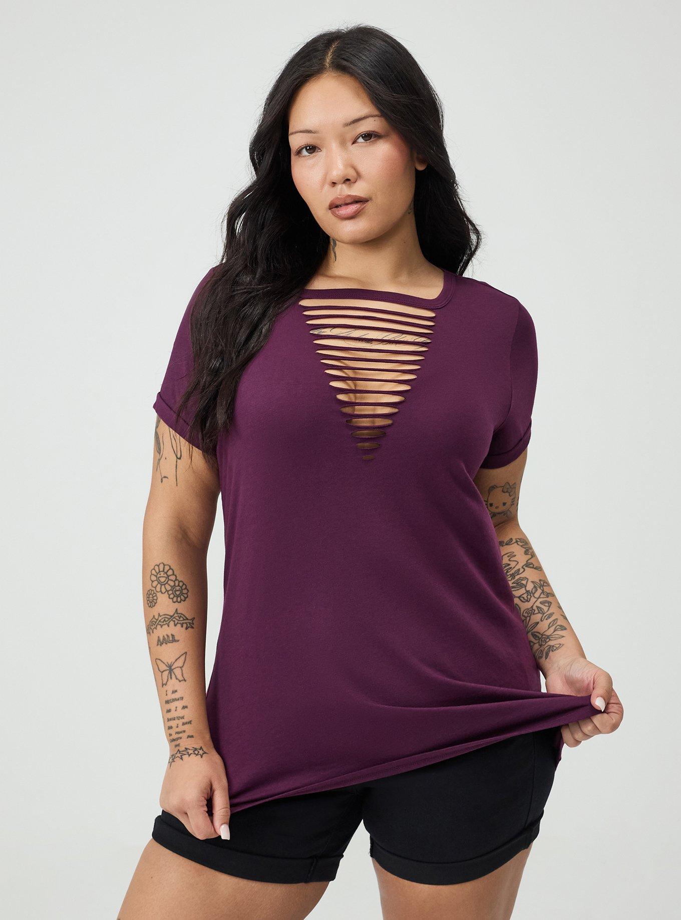 Cotton V-Neck Ladder Slash Tee, WINTER BLOOM, hi-res