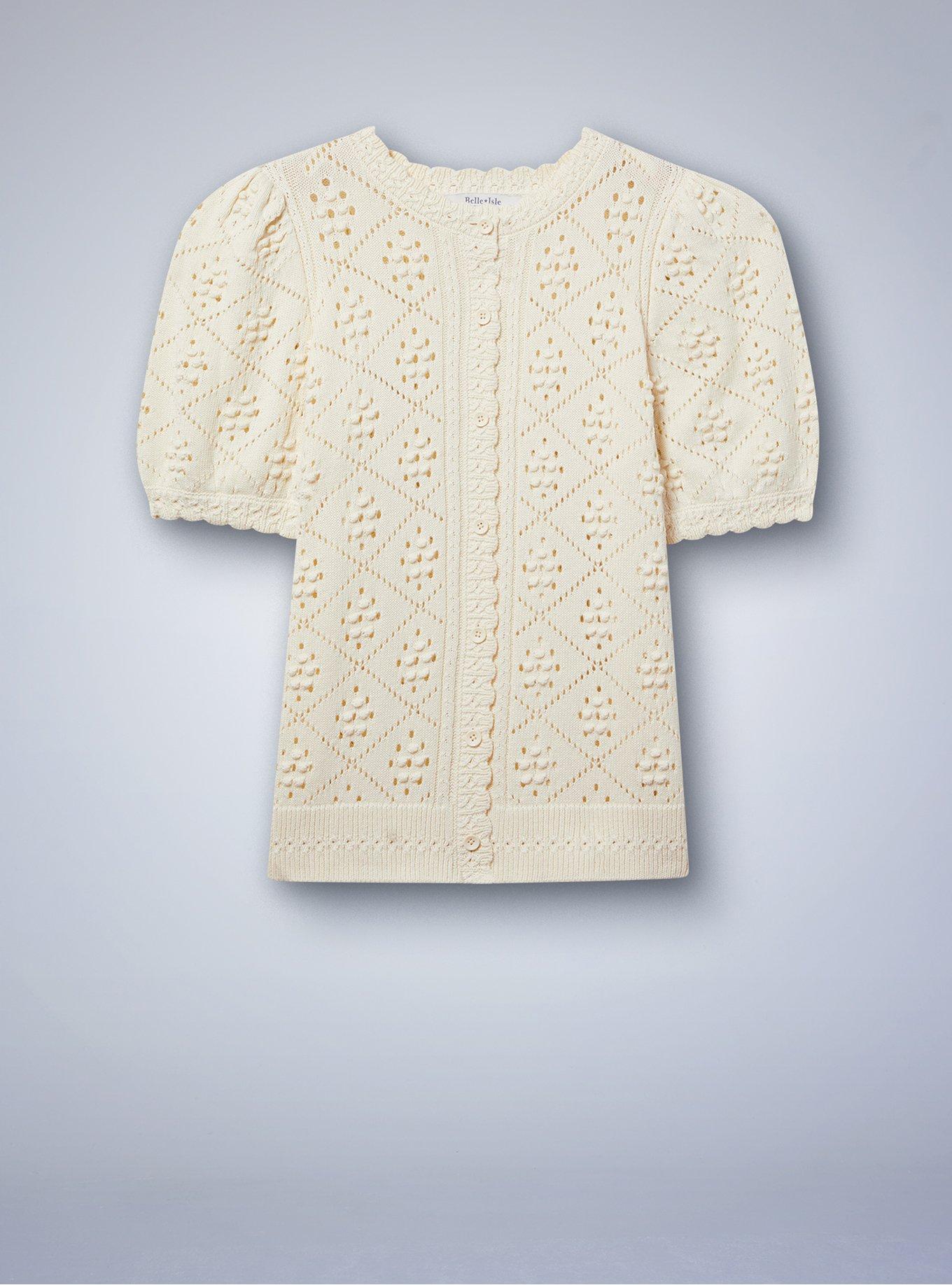 Belle Isle Button Front Short Sleeve Cardigan, WHISPER WHITE, flat