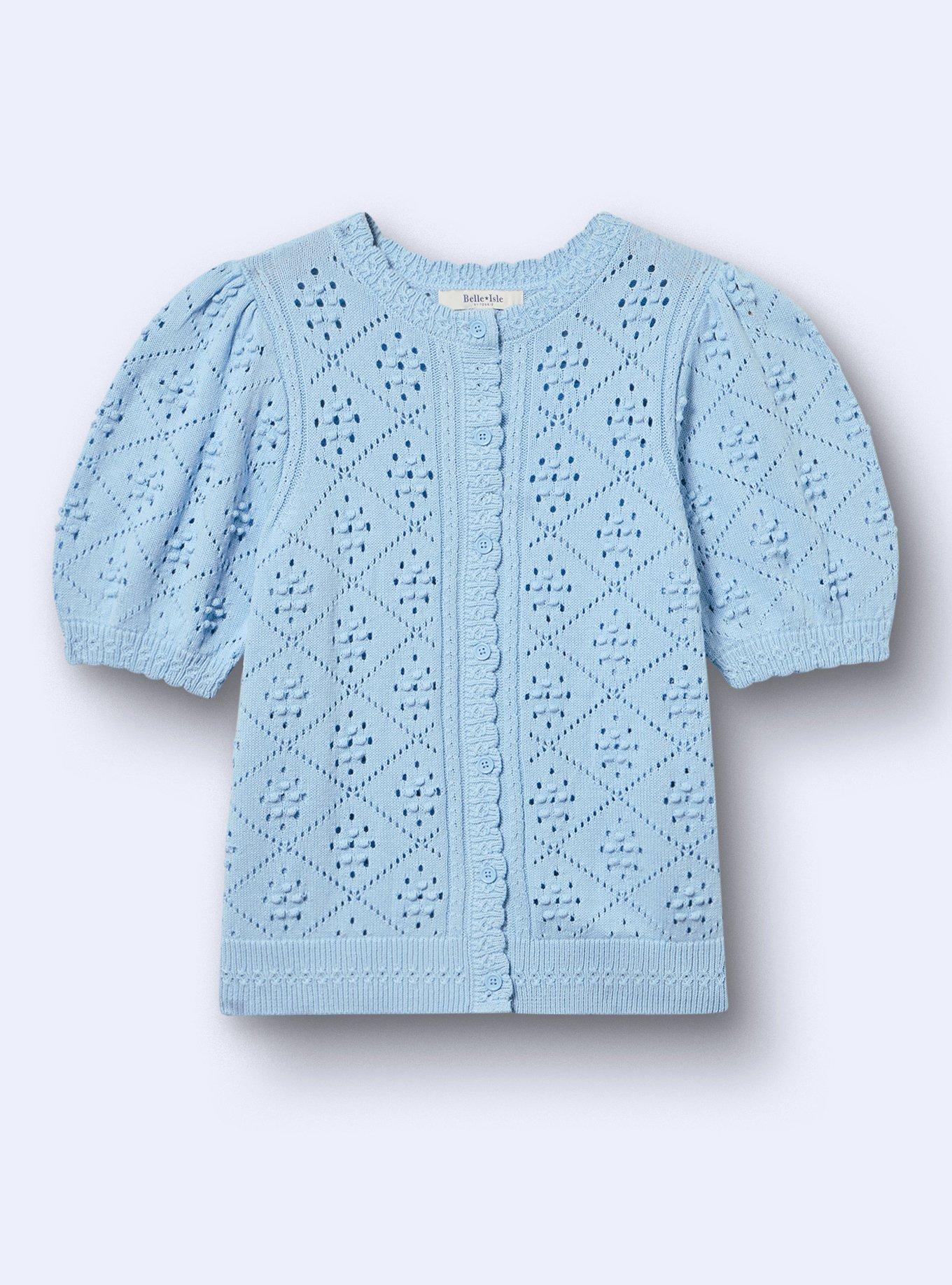 Belle Isle Button Front Short Sleeve Cardigan, CERULEAN, flat