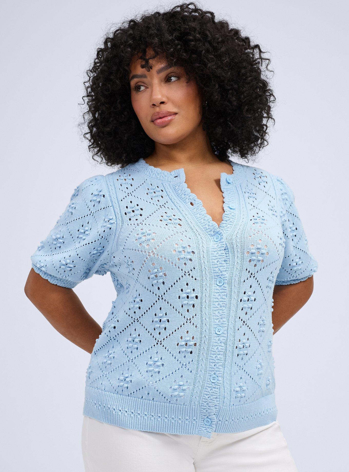 Belle Isle Button Front Short Sleeve Cardigan, CERULEAN, hi-res