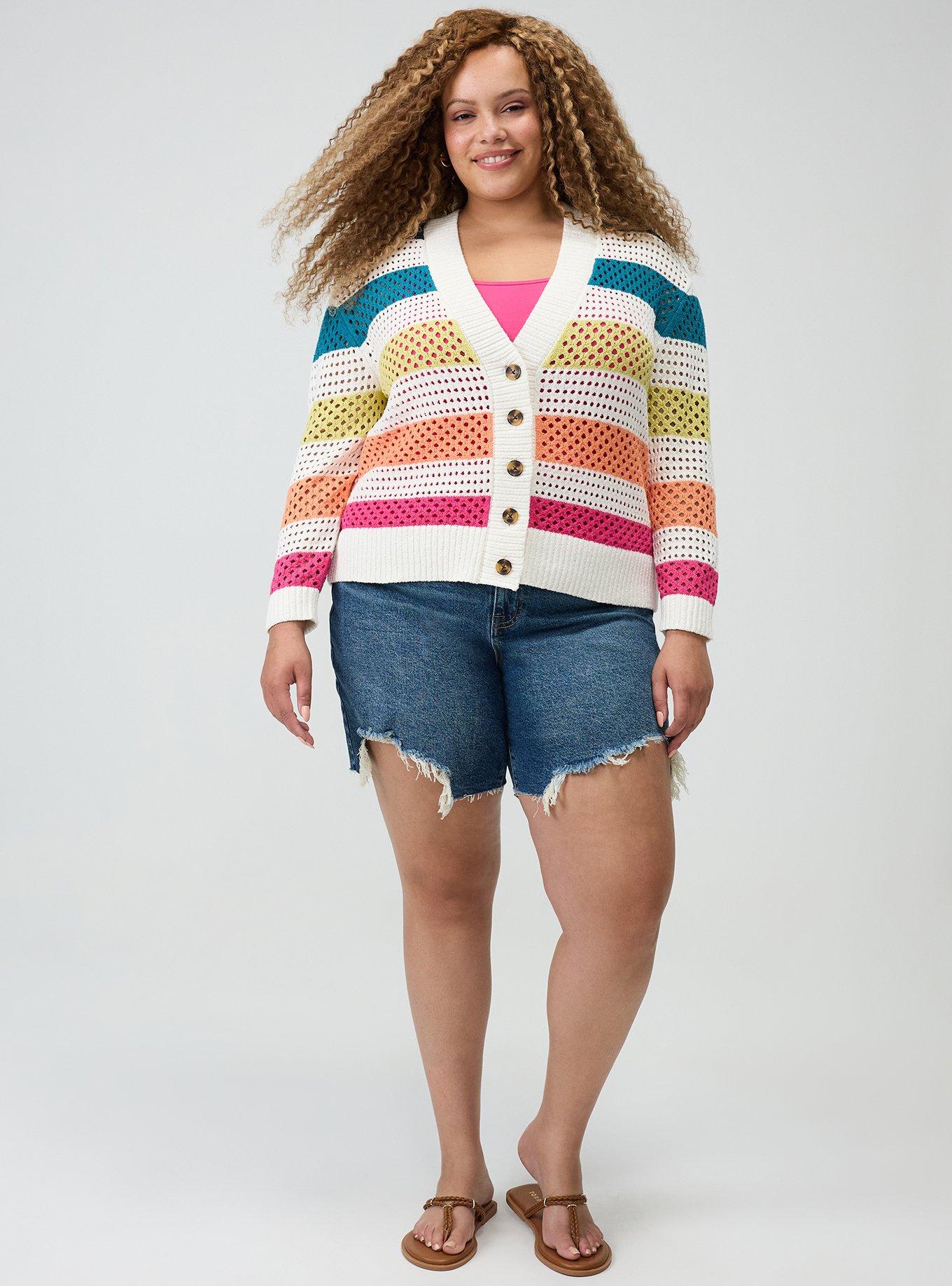 Open Stitch Cardigan, POINTELLE BLANC DE BLANC RAINBOW MULTI STRIPE, alternate