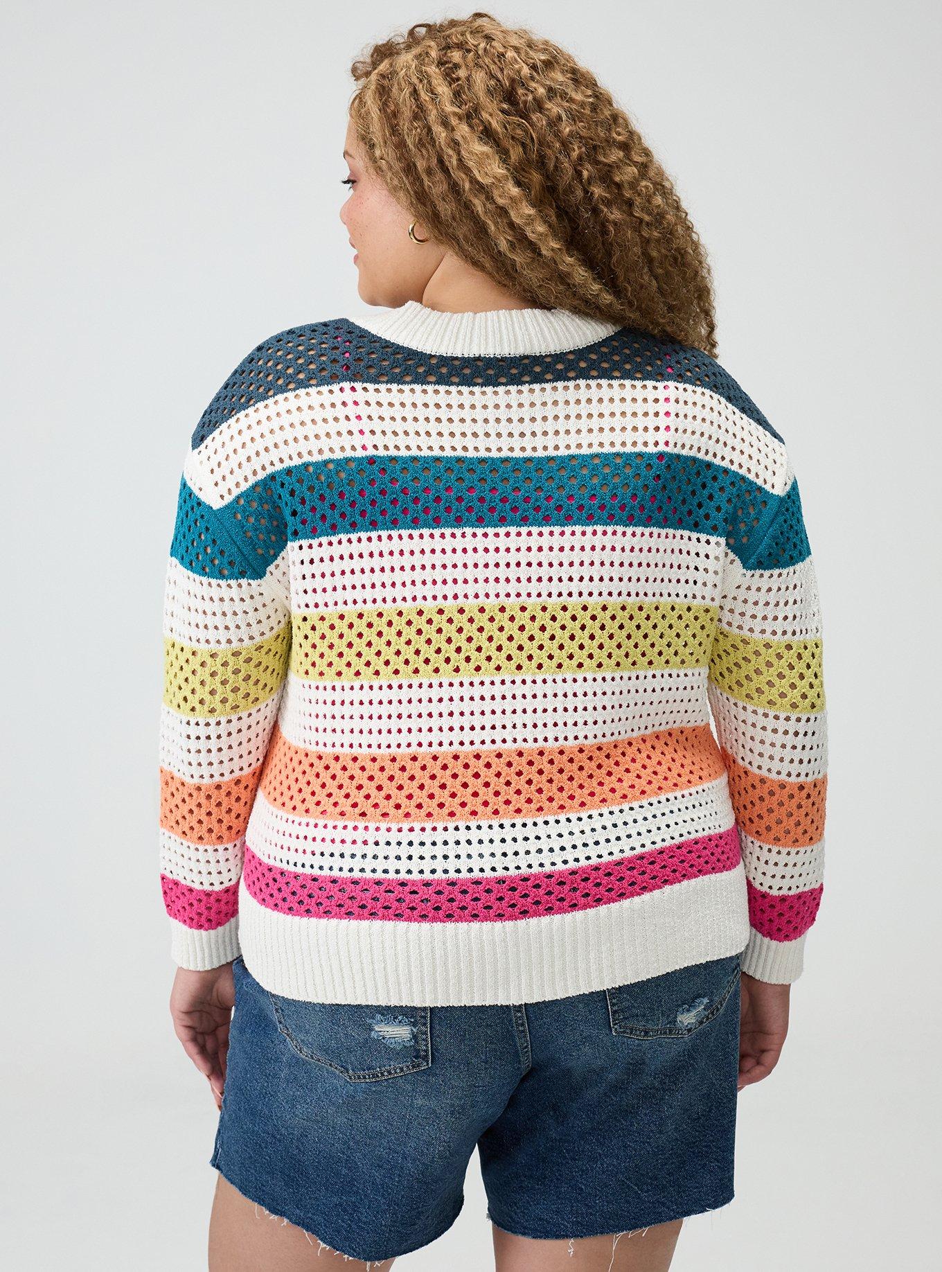 Open Stitch Cardigan, POINTELLE BLANC DE BLANC RAINBOW MULTI STRIPE, alternate