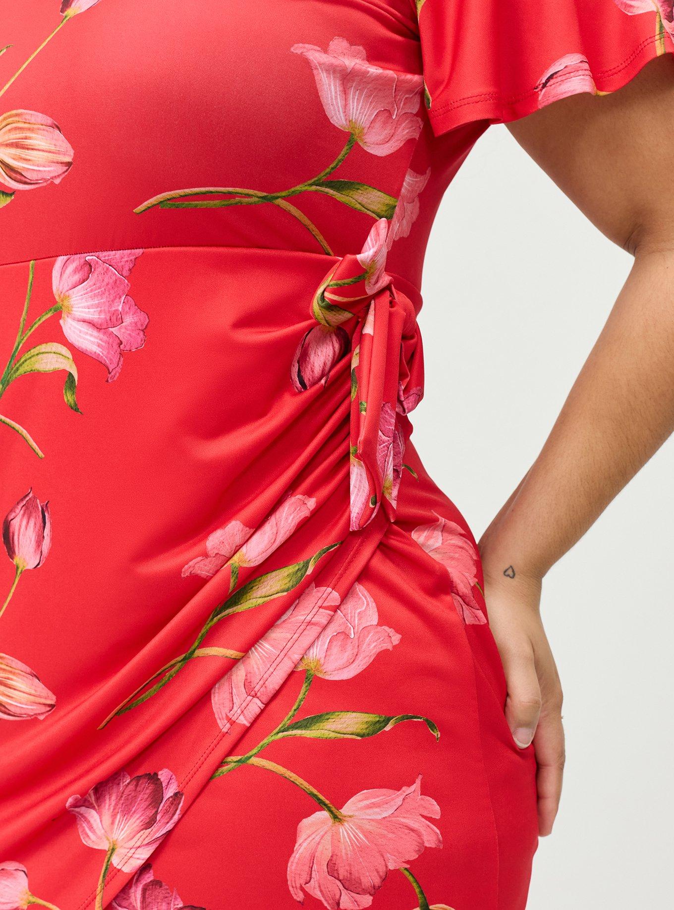 Flutter Sleeve Tie Front Mini Dress, SALMA FLORAL RED, alternate