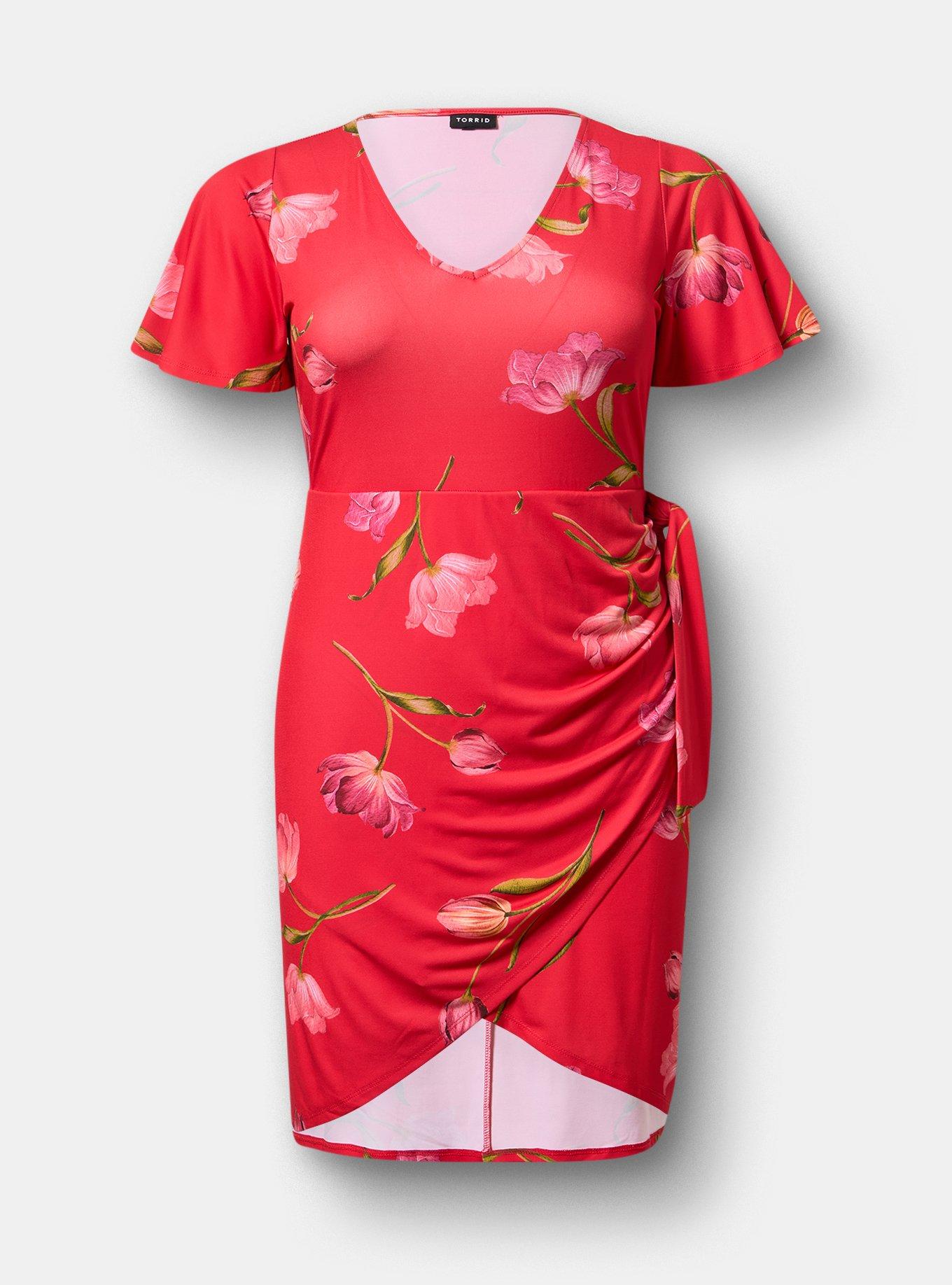 Flutter Sleeve Tie Front Mini Dress, SALMA FLORAL RED, hi-res