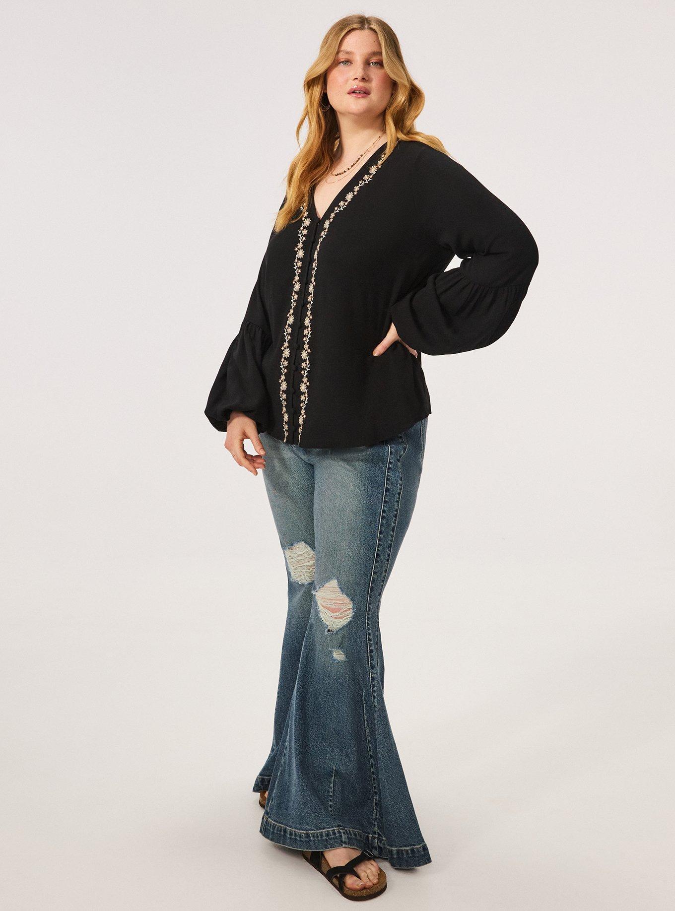 Fest Embroidered Button Front Blouse, DEEP BLACK, alternate