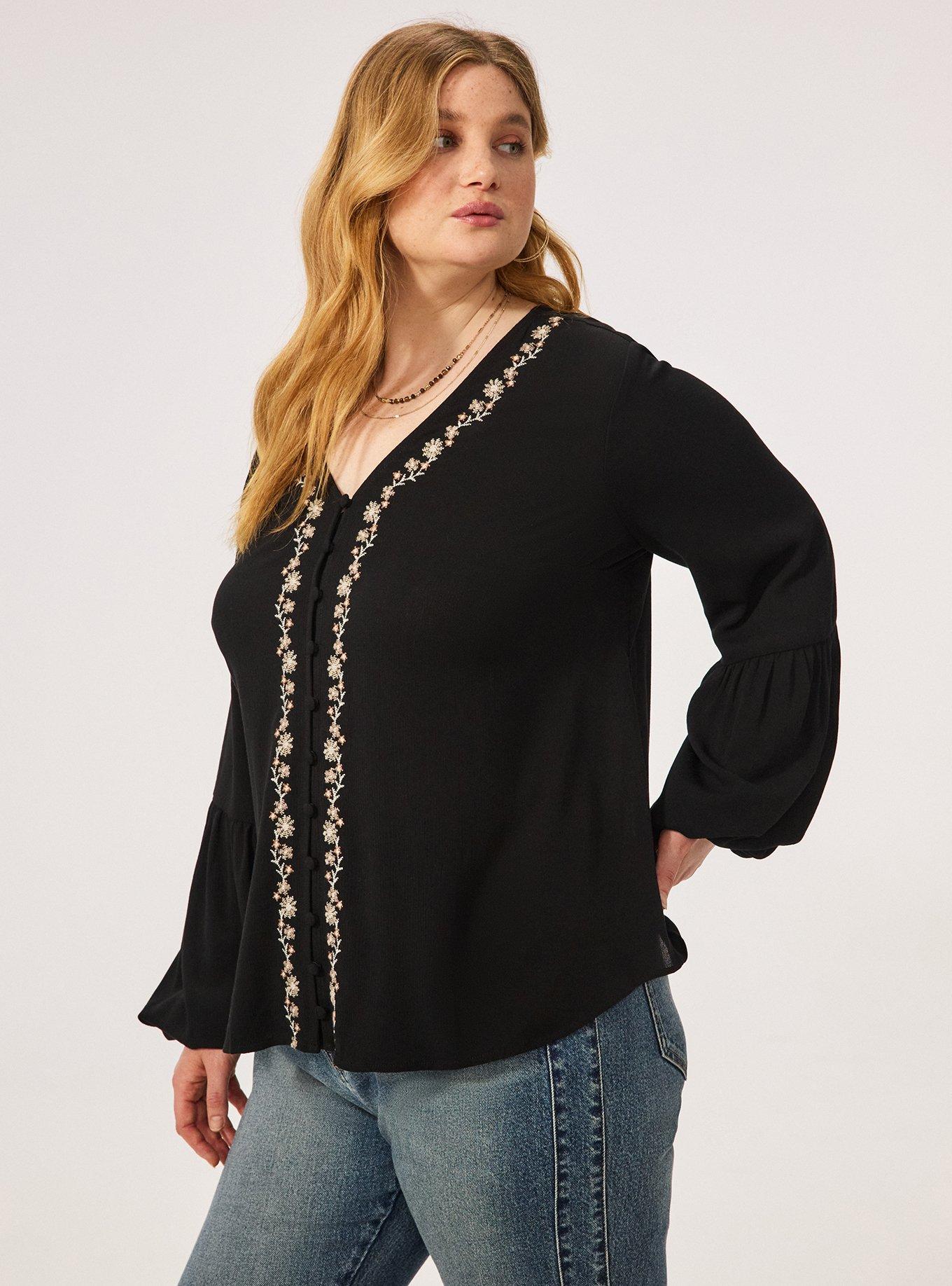 Fest Embroidered Button Front Blouse, DEEP BLACK, alternate