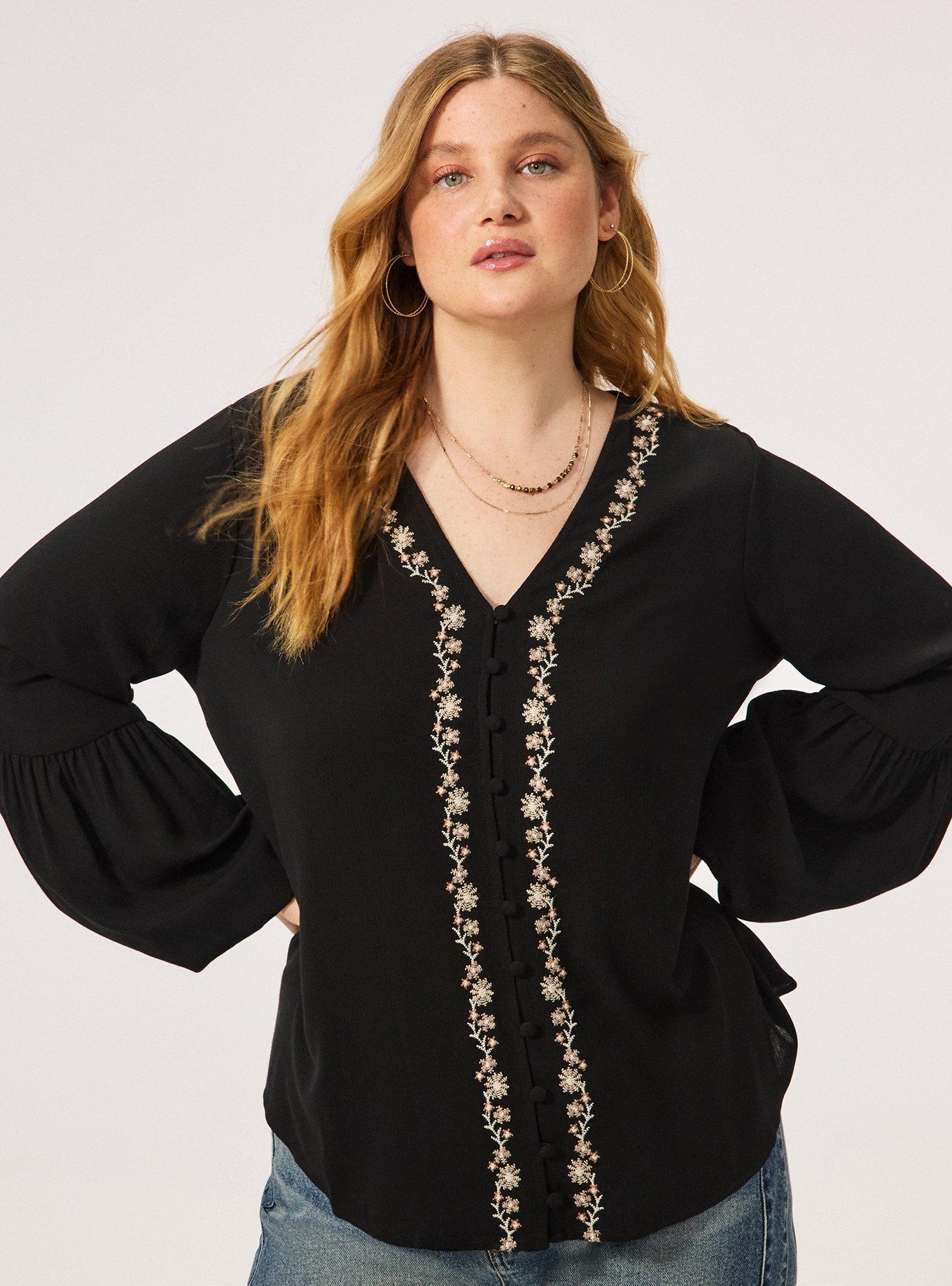 Fest Embroidered Button Front Blouse, DEEP BLACK, alternate