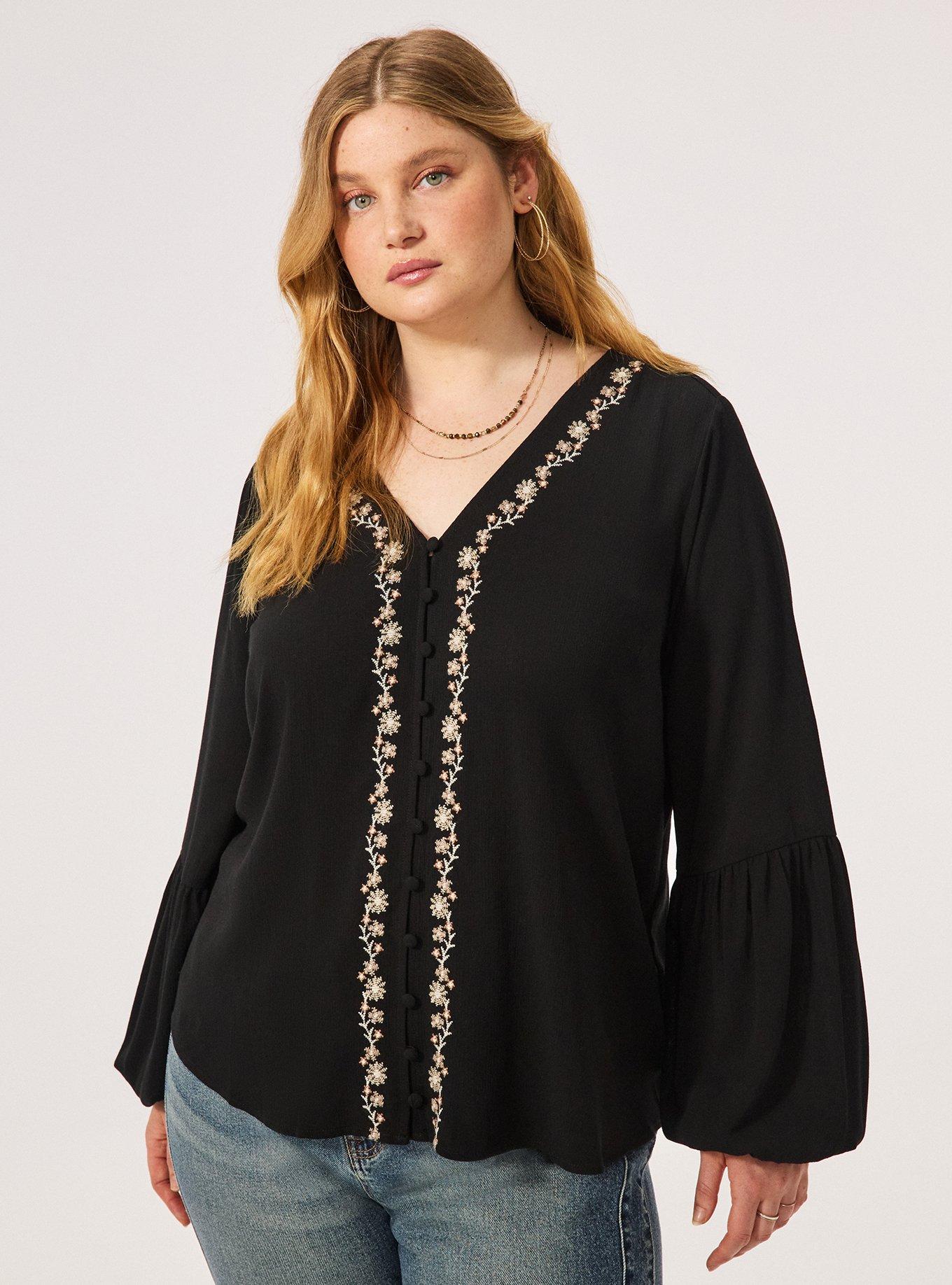Fest Embroidered Button Front Blouse, DEEP BLACK, hi-res