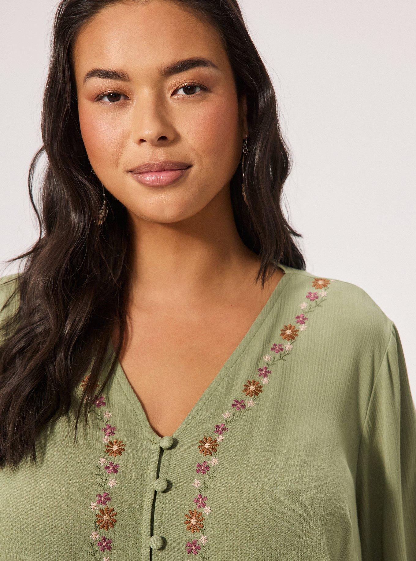 Fest Embroidered Button Front Blouse, OIL GREEN, alternate