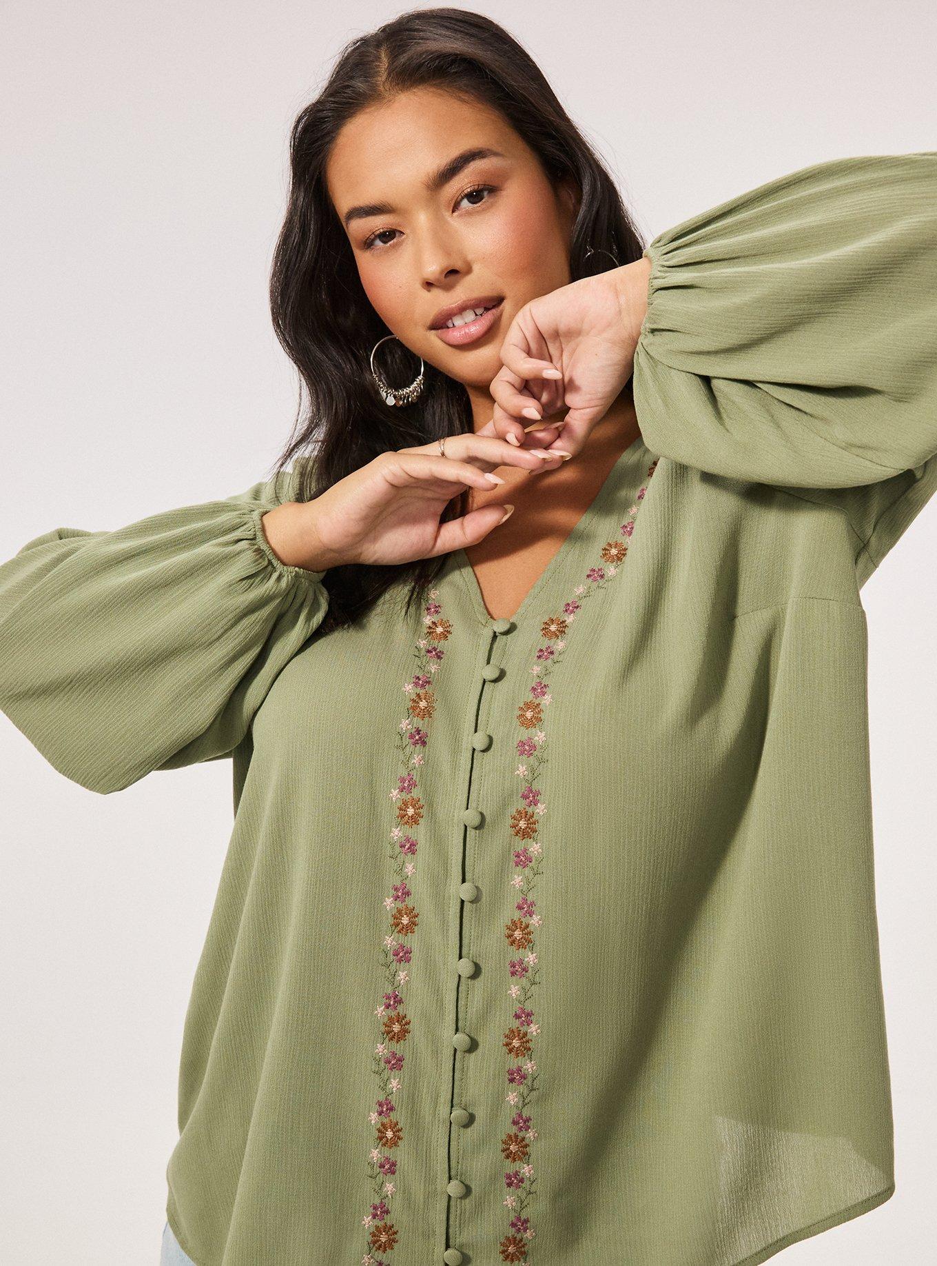 Fest Embroidered Button Front Blouse, OIL GREEN, alternate