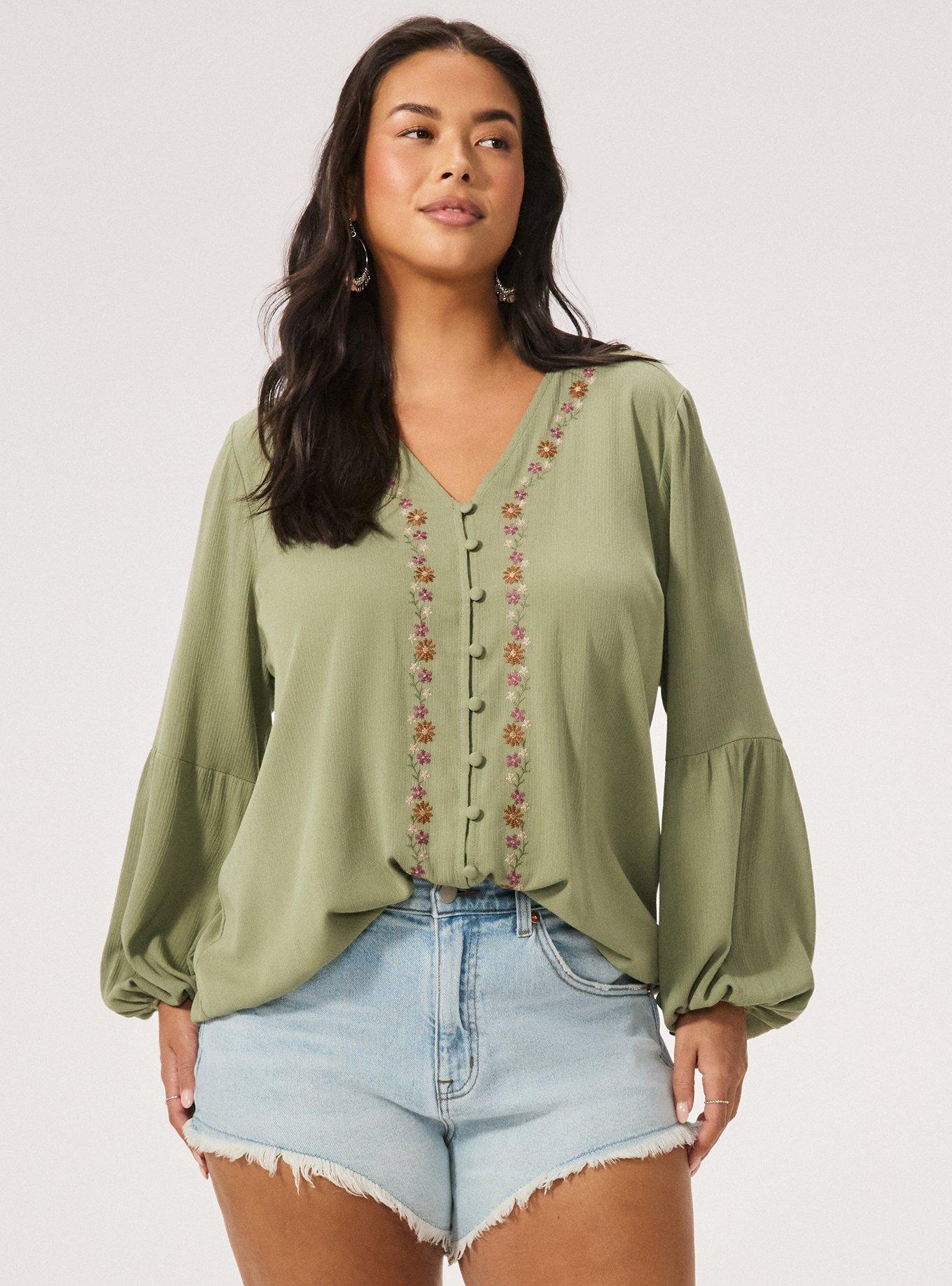 Fest Embroidered Button Front Blouse, OIL GREEN, alternate