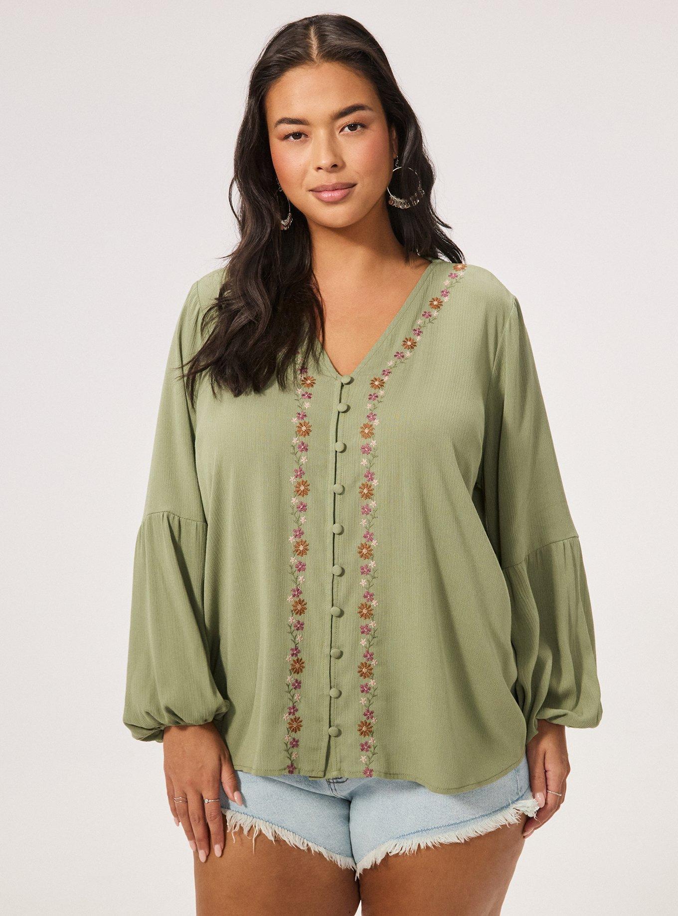 Fest Embroidered Button Front Blouse, OIL GREEN, hi-res