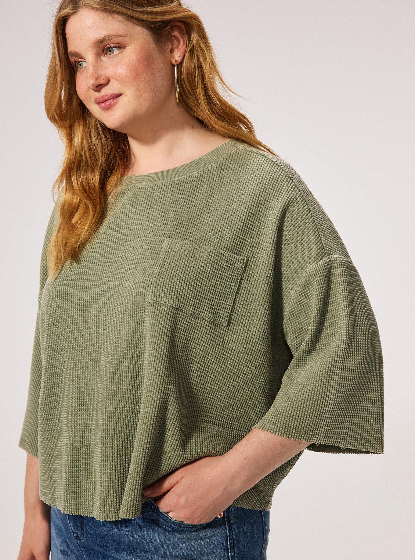Plus Size Festi Boxy Cropped Lightweight Waffle Tee, OIL GREEN, alternate